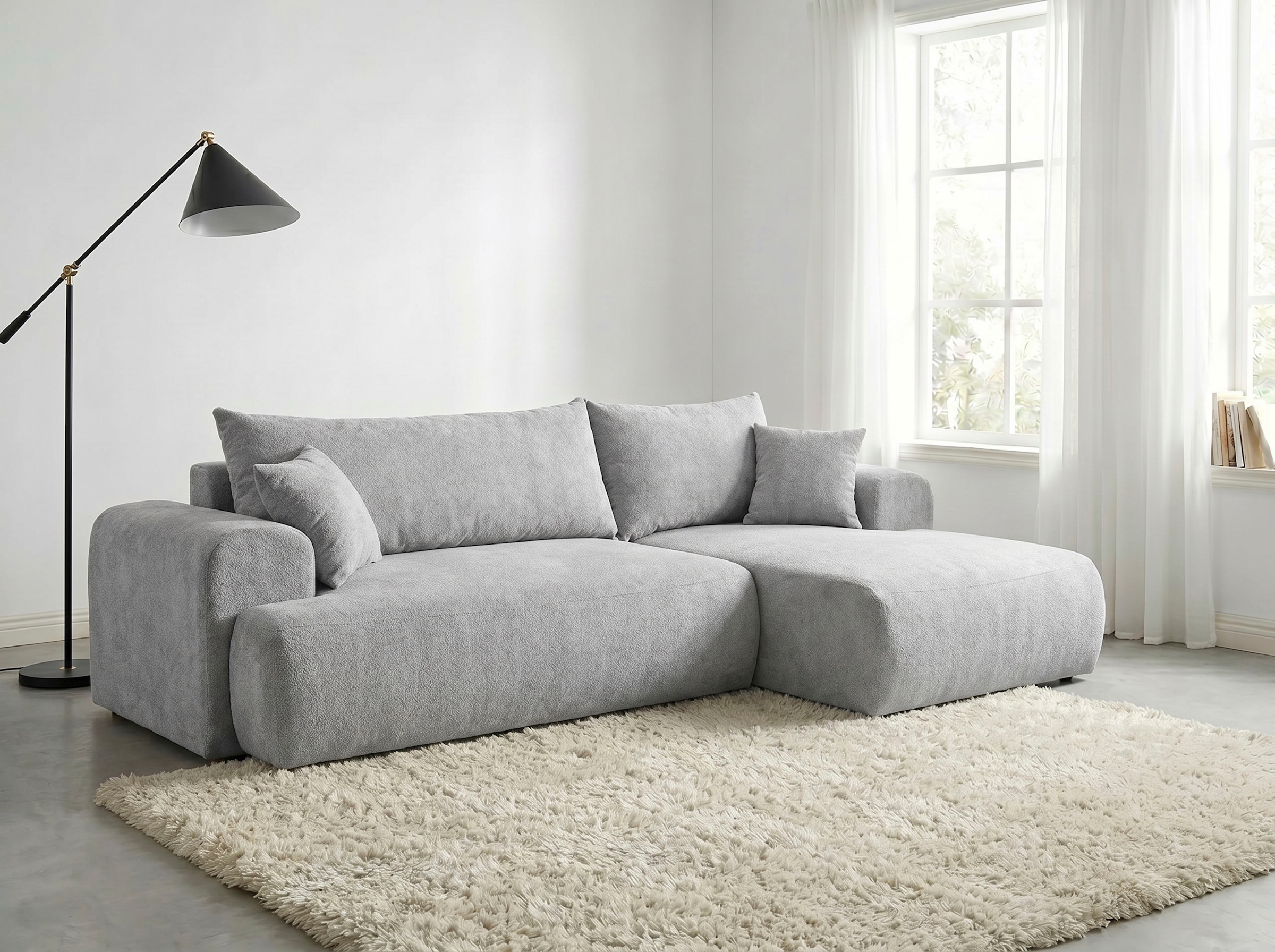 WERK2 Ecksofa "Ewela 265 x 145 cm modern und bequem" Bouclé, L-Form, Schlaffunktion, Bettkasten