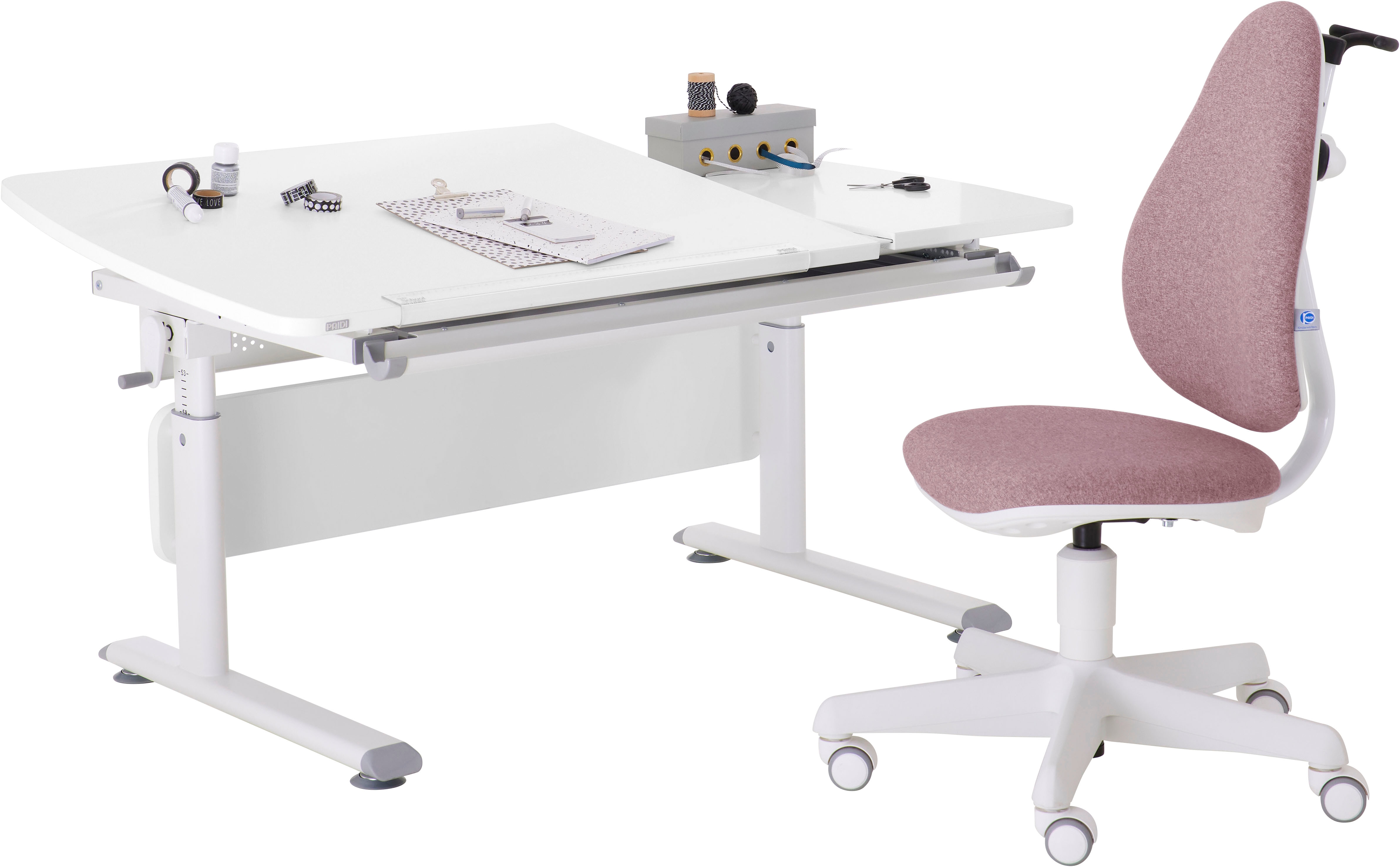 PAIDI Büromöbel-Set "Kinderschreibtisch & Drehstuhl in Weiß, mitwachsend & ergonomisch" Spar-Set, 130x70 cm Schülerschreibtisch, Kinderstuhl in Blau/Rosa, stufenlos höhenverstellbar, neigbare Tischplatte, Schulstarter-Set