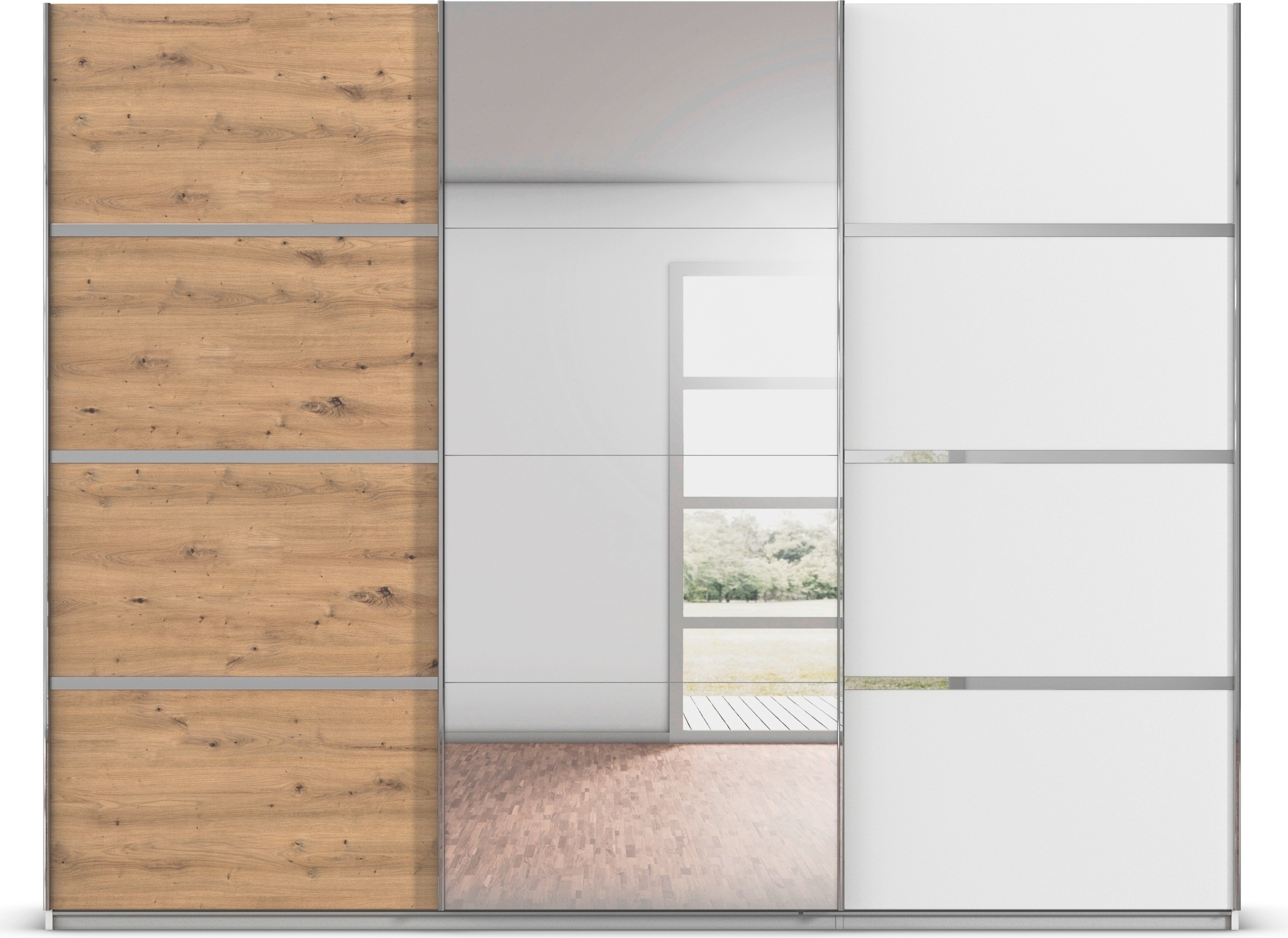 rauch Kleiderschrank »Schwebetürenschrank Garderobe Schrank TOP ANGEBOT Avola«, (in 3 verschiedenen Ausstattungen BASIC/CLASSIC/PREMIUM inkl. Spiegel), mit eleganten Zierleisten in Chrom, Schwarz oder Weiß MADE IN GERMANY