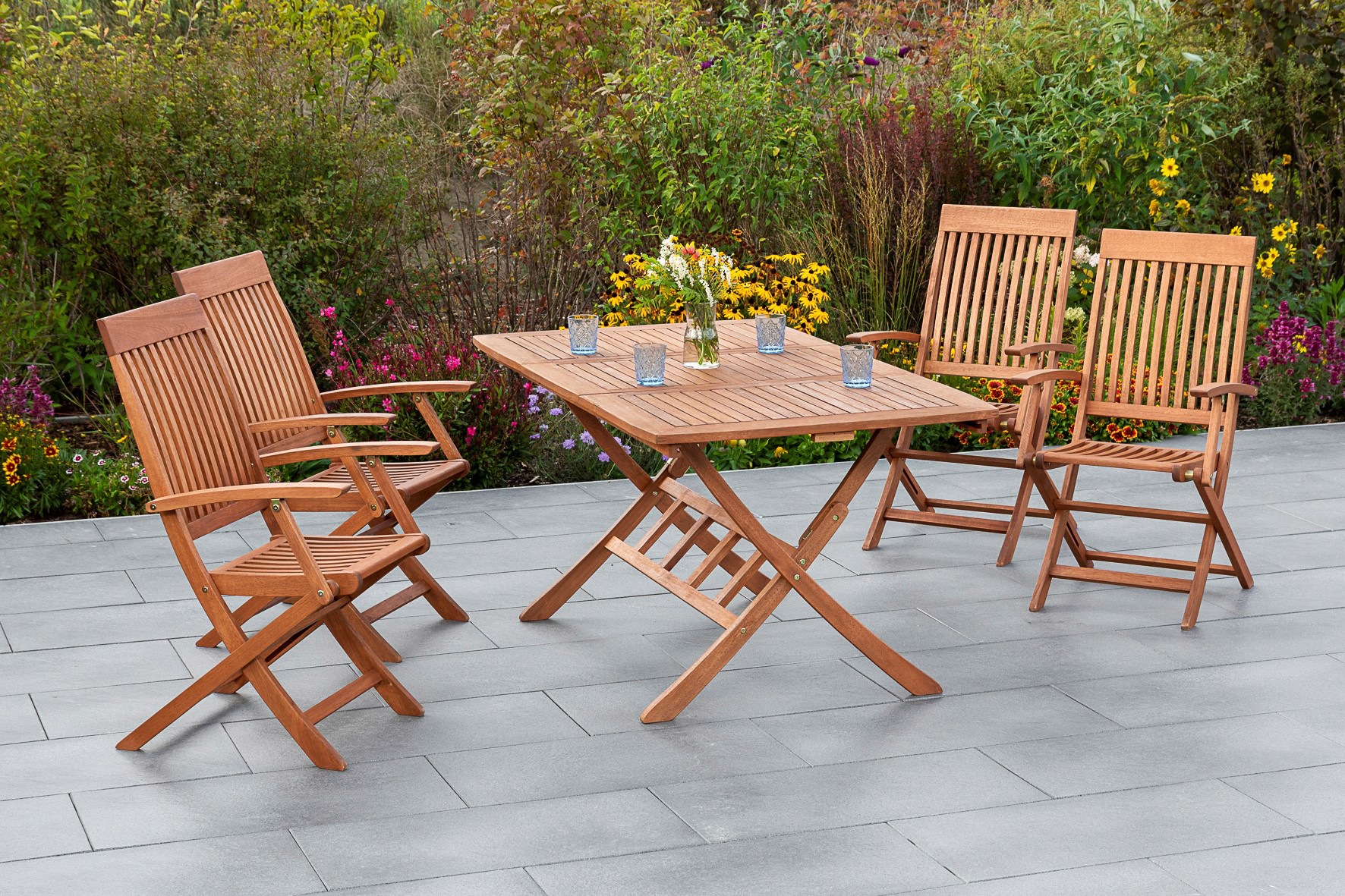 MERXX Gartenmöbelset Comodoro, (5 tlg.), 4 Klappsessel mit ausziehbarem Tisch