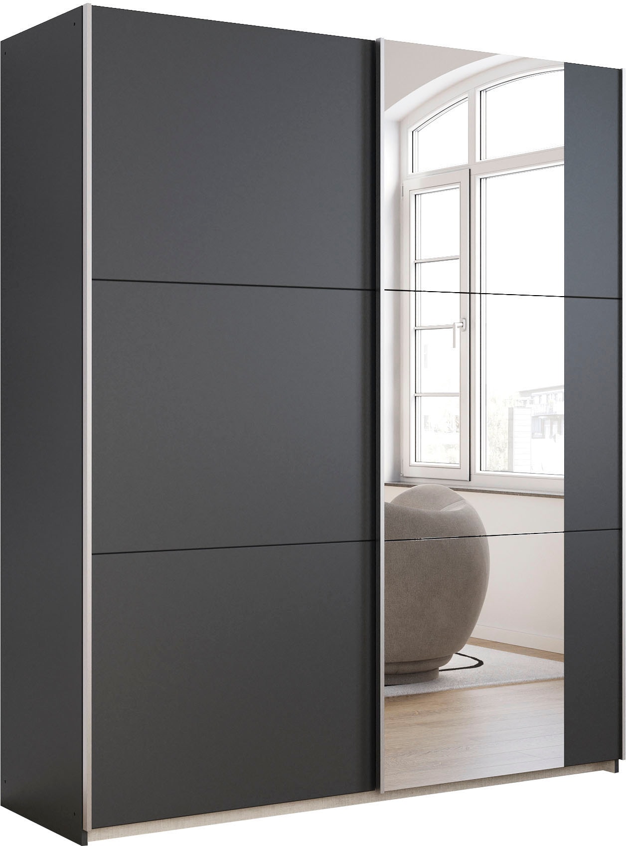 rauch Schwebetürenschrank "Kleiderschrank Drehtürenschrank Schrank Garderobe KRONACH" in 3 Ausstattungen BASIC/CLASSIC/PREMIUM, Breiten 131/175/218/261 cm, optional ohne, mit 1 oder 2 Spiegel, viel Stauraum MADE IN GERMANY