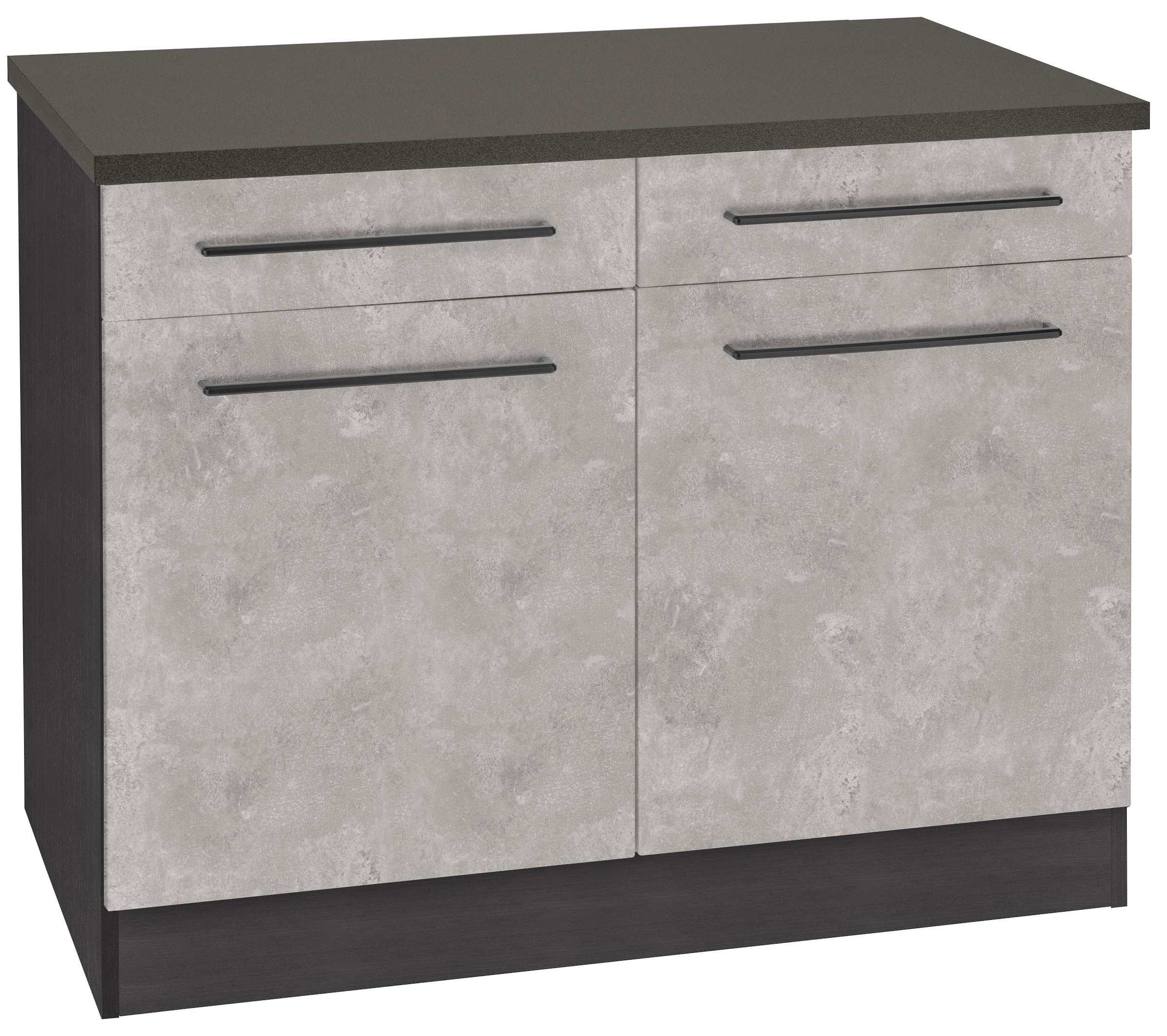 KOCHSTATION Unterschrank "KS-Tulsa", 100 cm breit, 2 Schubkästen, 2 Türen, schwarzer Metallgriff, MDF Front