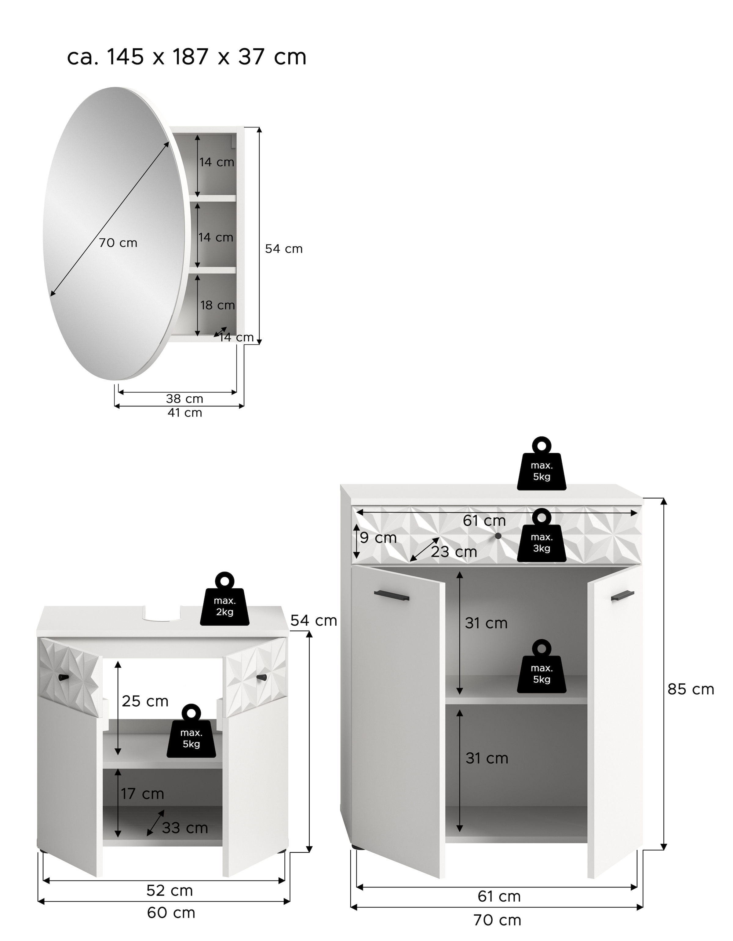 INOSIGN Badezimmer-Set »VICENZA, TOPSELLER!, Breite 145cm, 3-teilig, mit Ornamentabsetzung«, (best. aus: Waschbeckenunterschrank, Spiegelschrank und Unterschrank), Waschbeckenunterschrank, Spiegelschrank und Unterschrank