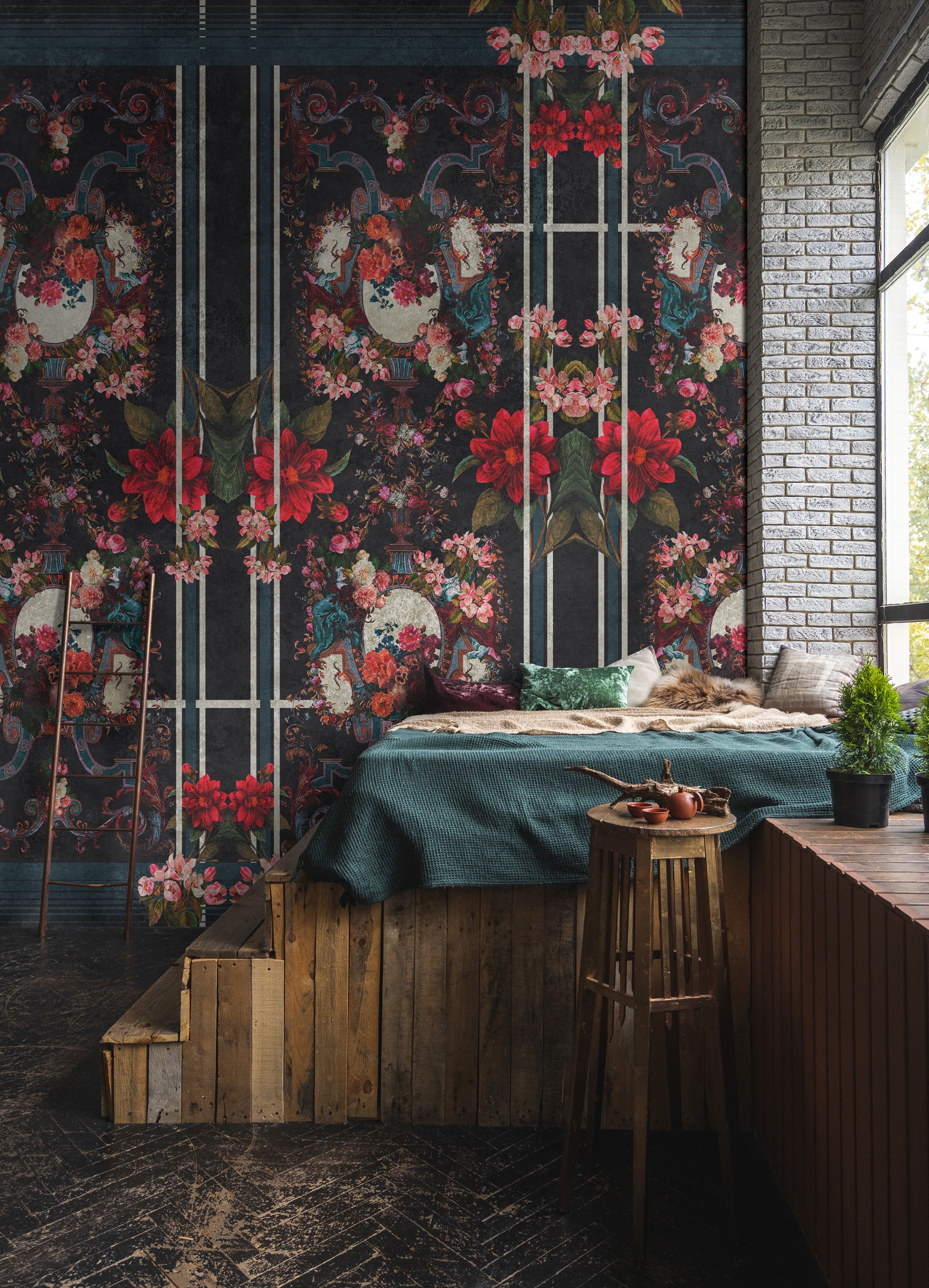 living walls Vliestapete "Vintage-Florale Tapete Dunkelblau Rot Vliestapete" matt glatt