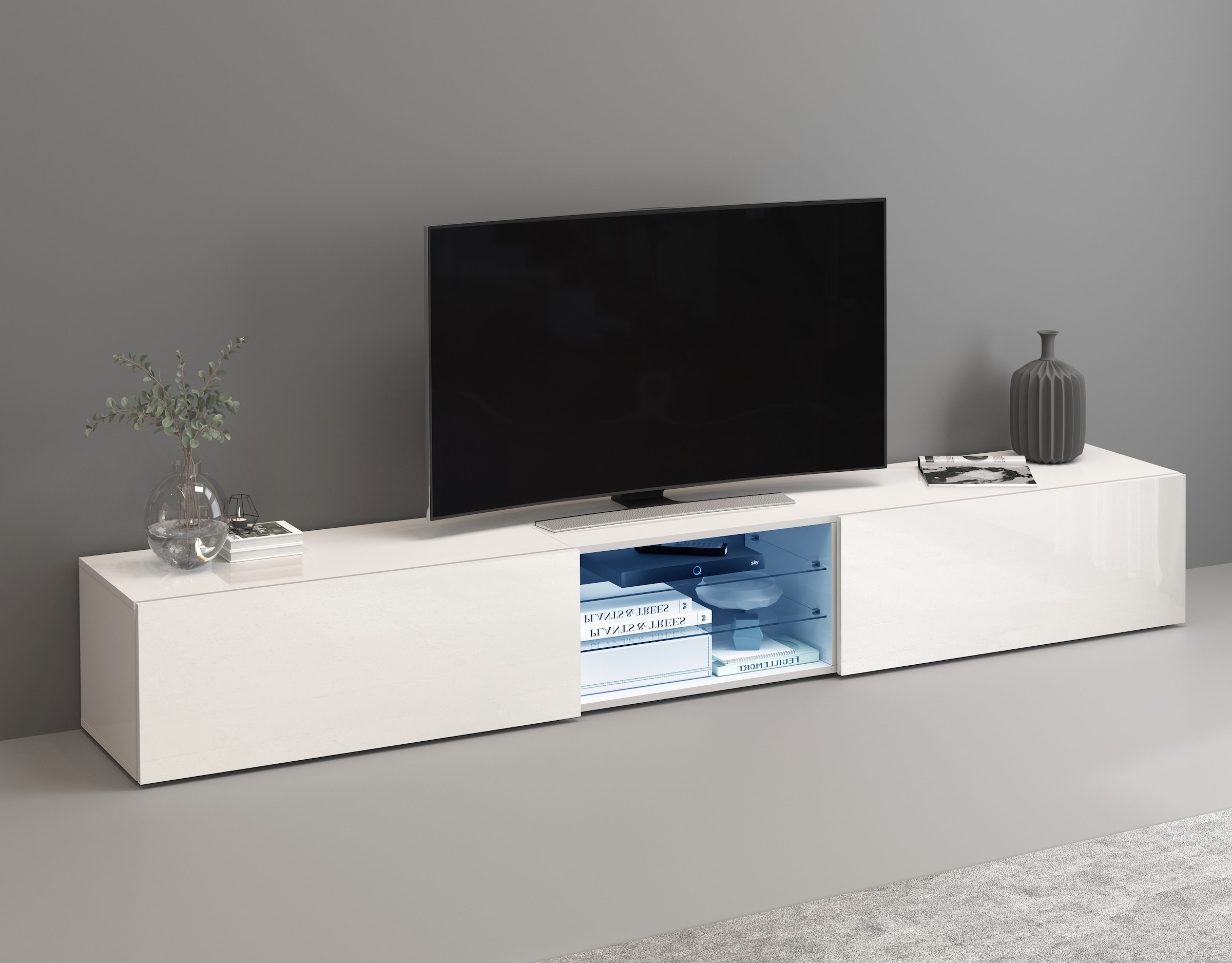 INOSIGN Lowboard »Egypt,Lowboard,TV-Kommode,TV-Möbel,TV-Bank«, mit 2 Klappen, 2 Glasböden,kompl. Hochgl. lackiert (B/T/H)240x38x35 cm