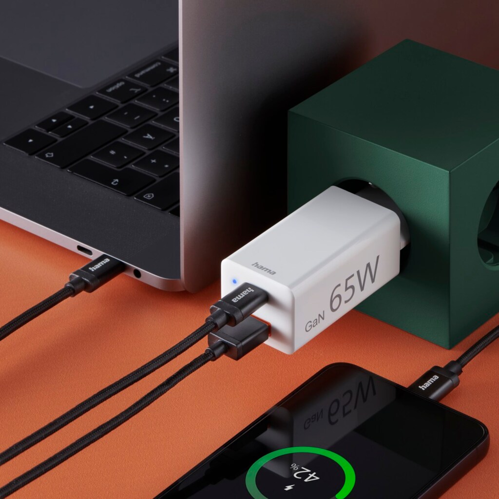 Hama USB-Ladegerät »GaN Ladegerät 65 Watt 2 Port USB C Power Delivery+USB A Quick Charge«