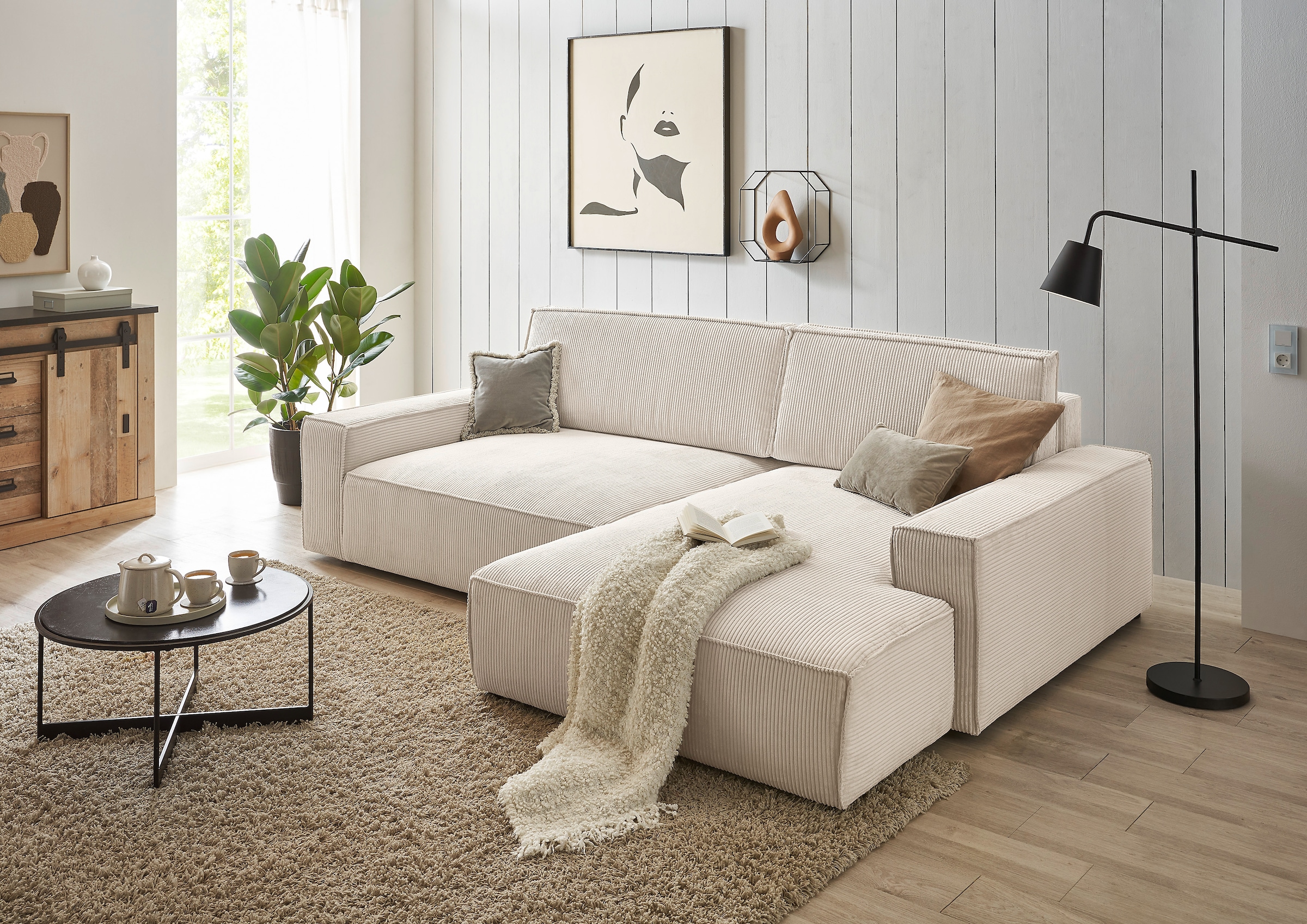 Home affaire Ecksofa »NEU: SHERWOODL XXL 284, Big-Sofa L-Form, tiefe Sitzfläche 95 cm, Cord,«, Leinenoptik, Recamiere rechts/links, auch als Schlafsofa stellbar