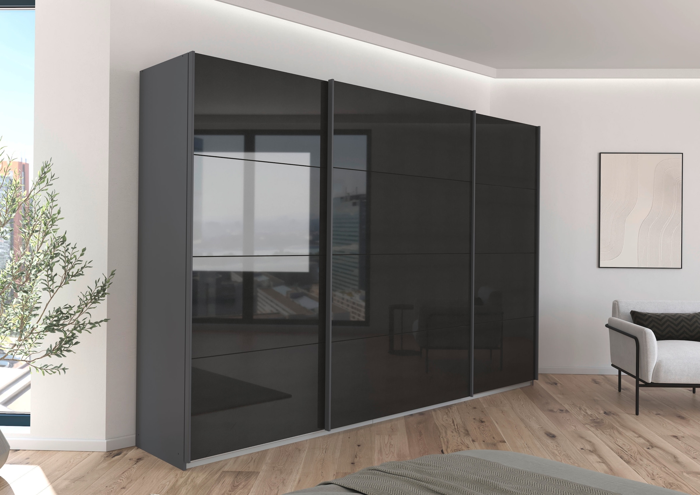 rauch Schwebetürenschrank »Kleiderschrank Schrank Garderobe AGORDO mit Dekor- oder Hochglanzfront«, (in zwei Griff-Farben), durchdachte Innenausstattung, in 4 Breiten und 2 Höhen MADE IN GERMANY