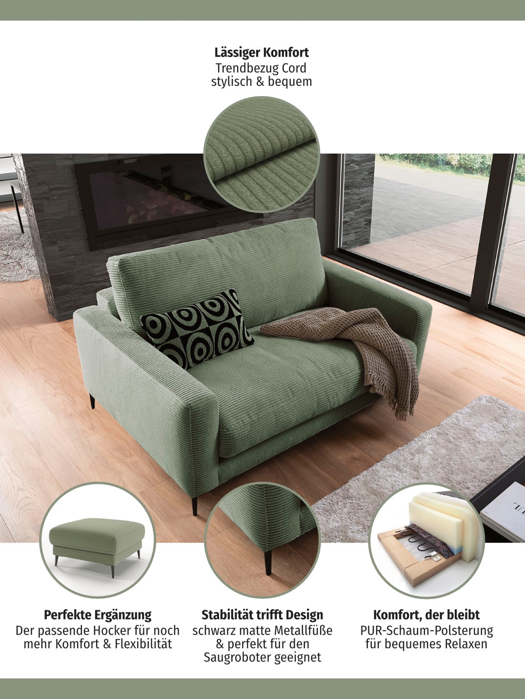 INOSIGN 1,5-Sitzer »Downtown B/T/H: 152/105/84 cm«, weicher Sitzkomfort, Cord, gemütliches Loungemöbel zum Relaxen