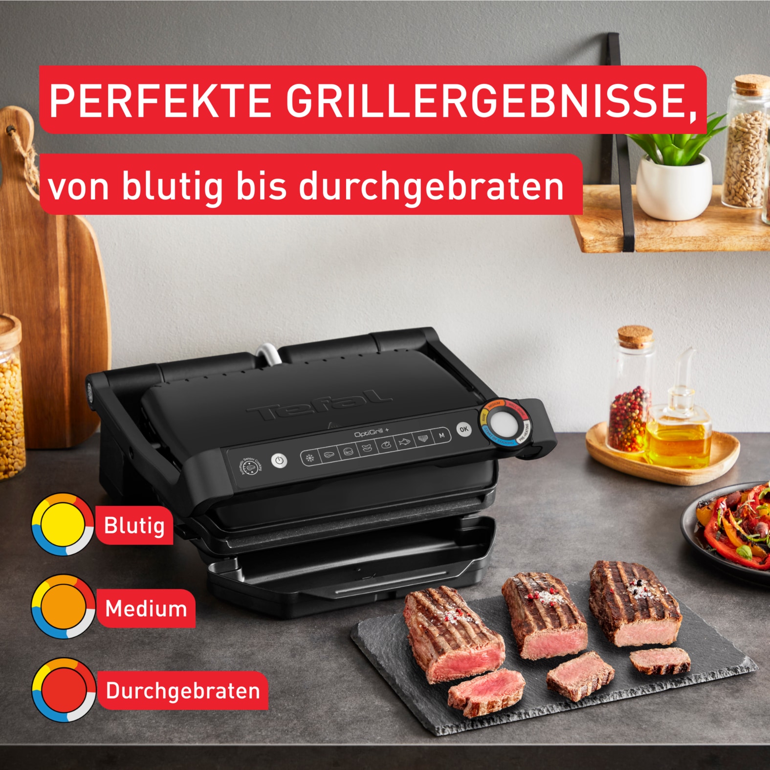 Tefal Kontaktgrill »OptiGrill+, erneuerte Kochstufenanzeige, 6 automatische Programme«, 2000 W, spülmaschinengeeignete Platten, inkl. MyTefal App, GC717810