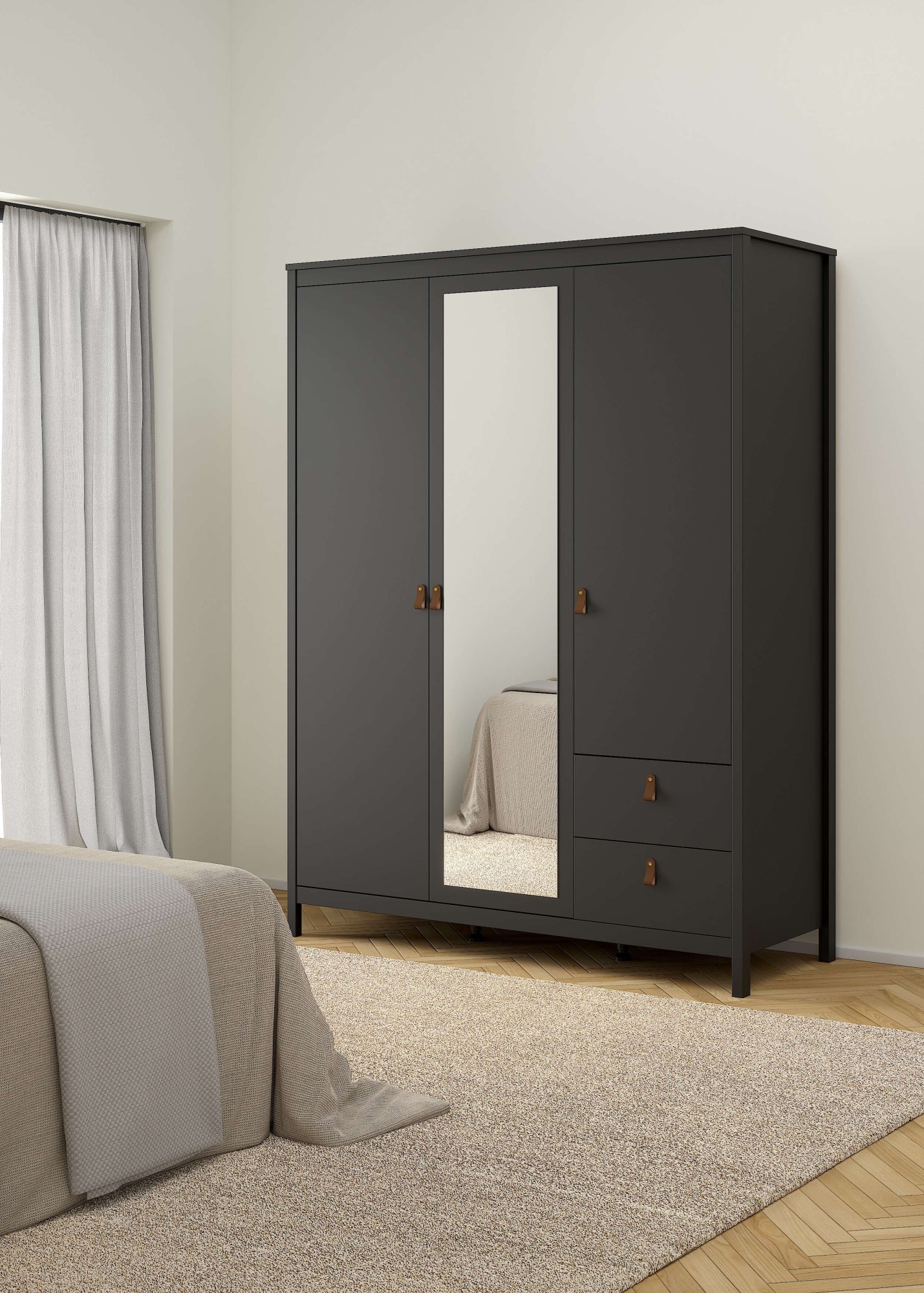 Home affaire Drehtürenschrank "Madrid, Schrank, Kleiderschrank" Skandinavisches Design, Wahlweise Leder- oder Metallgriffe, Spiegel