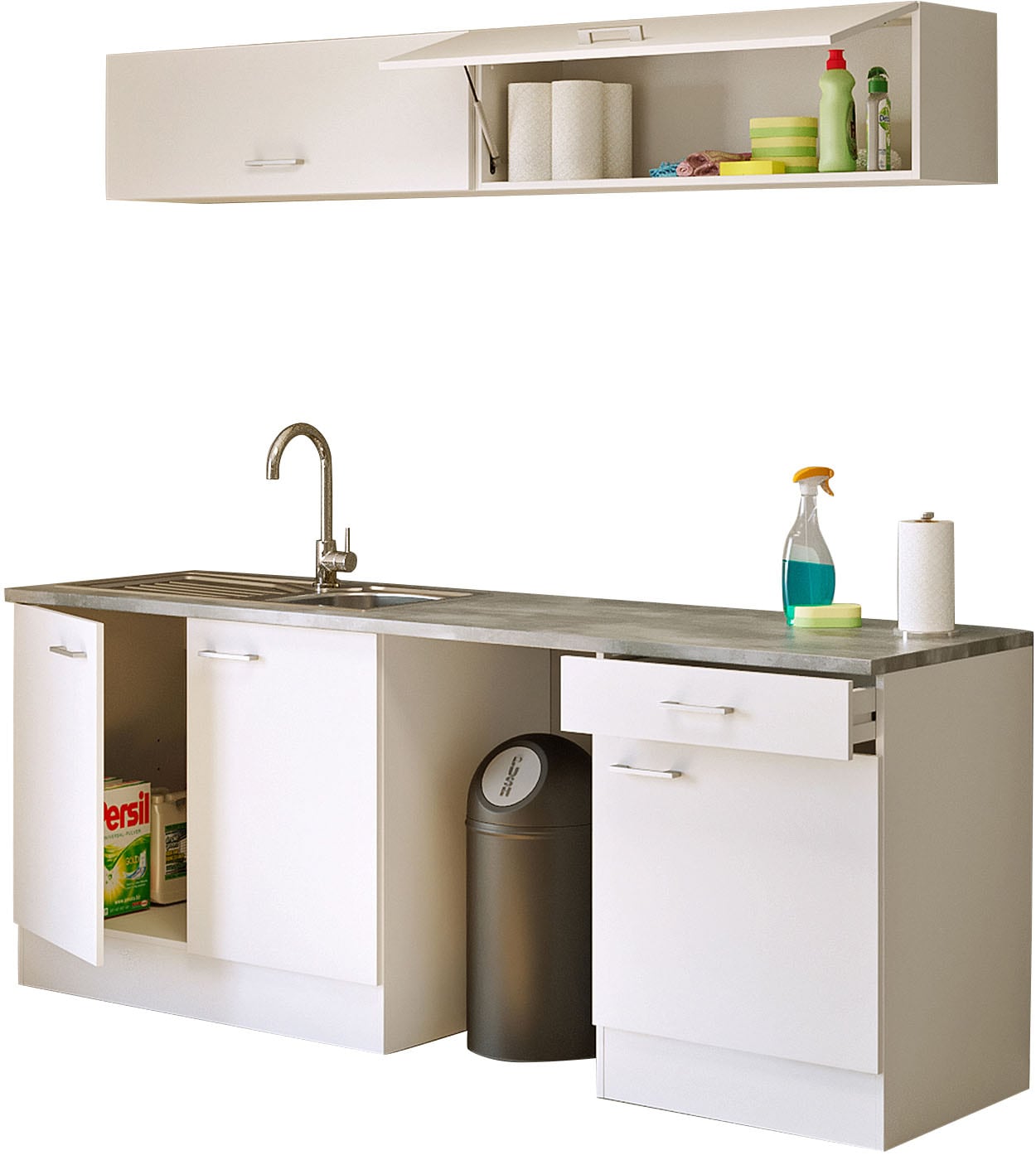 Flex-Well Küchenzeile "LUCCA, 6-teilig, Hauswirtschaftsraum, Hobbyraum, Küche, Breite 210 cm" Set, bestehend aus: 2x Unterschrank, 2x Hängeschrank, Arbeitsplatte + Spüle, Kombination aus 4 Möbelteilen inkl. Arbeitsplatte und Einbauspüle
