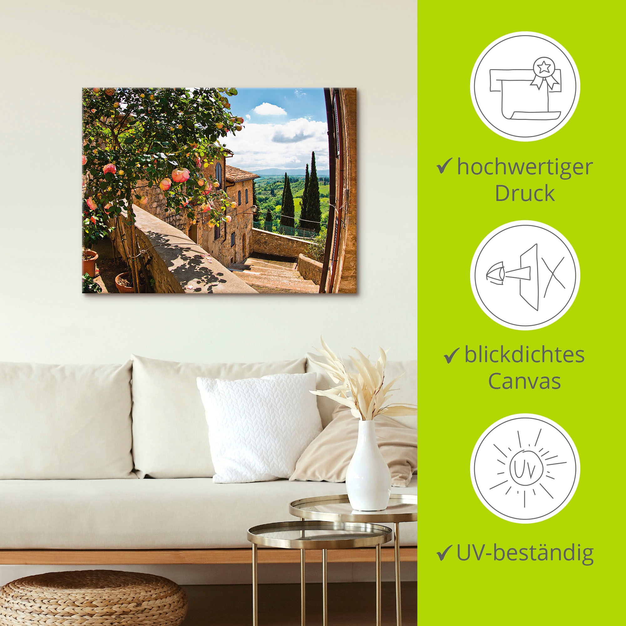 Artland Wandbild »Rosen auf Balkon Toskanalandschaft« Garten 1 Stk. tlg. als Leinwandbild, Poster in verschied. Größen