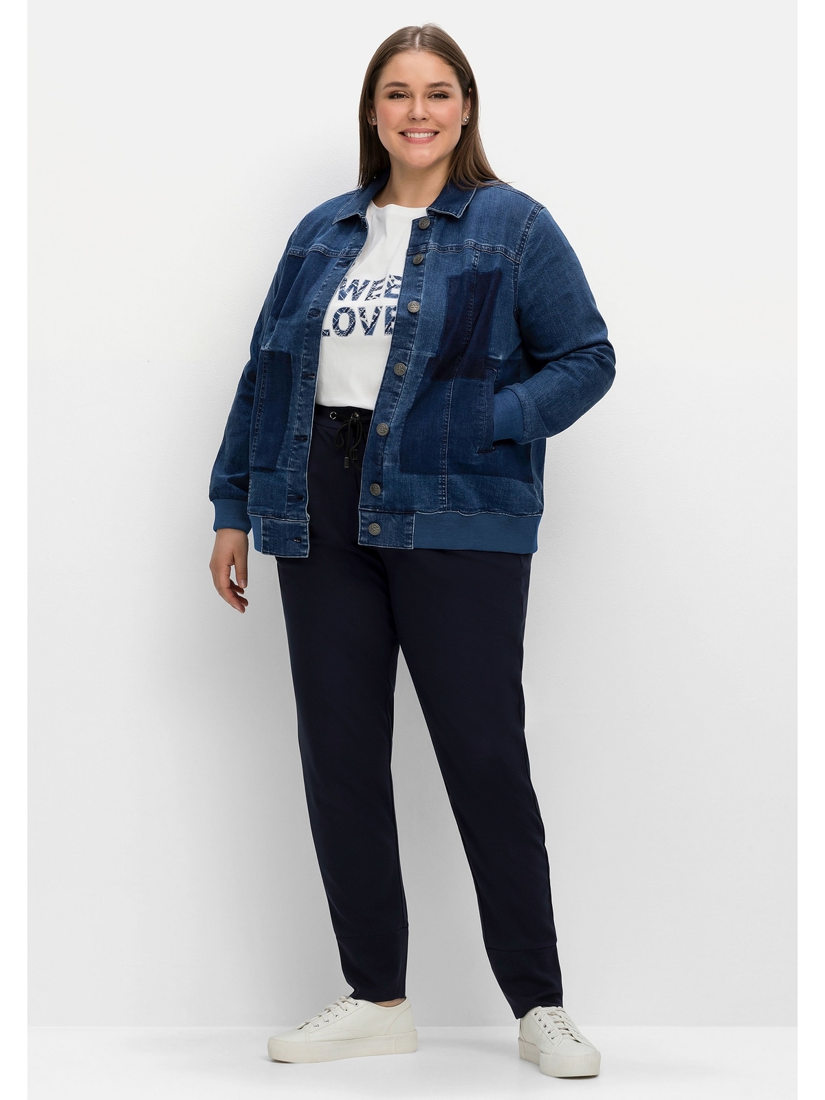 bestellen »Große Jeansjacke Kapuze, | in Größen«, ohne Patch-Optik für Sheego BAUR