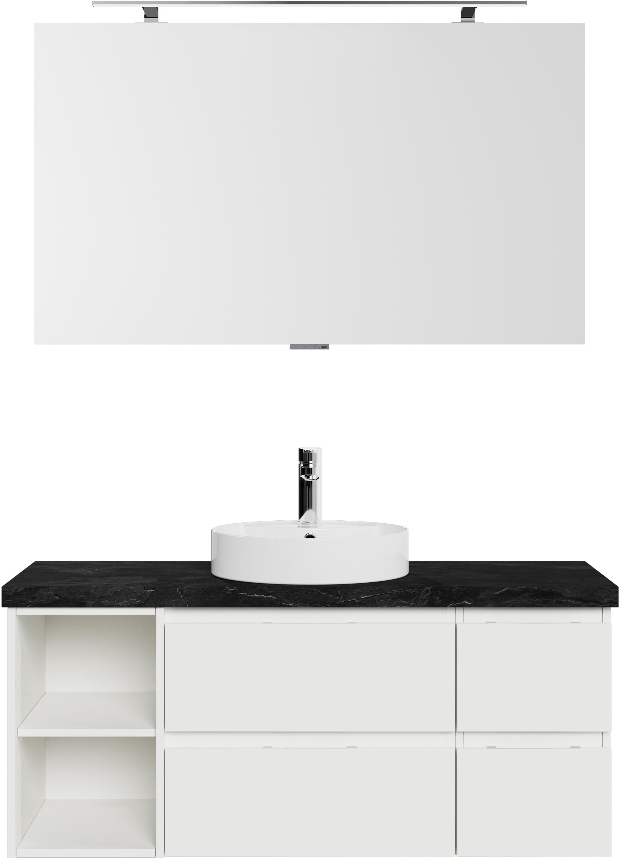 Saphir Badmöbel-Set »Serie 4035 2-teilig, Keramik-Aufsatzbecken mit LED-Spiegel«, (Set), Waschplatz inkl. Türdämpfer, 120 cm breit, 4 Schubladen, 3 Türen