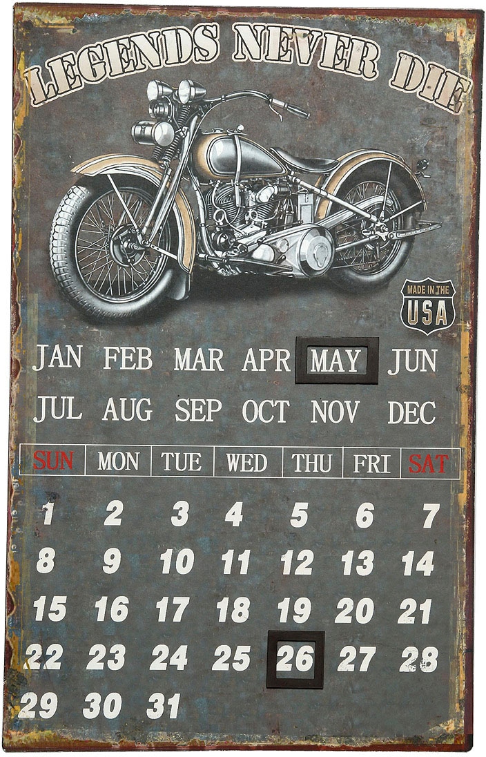 Ambiente Haus Metallbild "Kalender - Biker 25x40cm" 1 Stk. tlg. mit Magneten, Motorrad und "Legends never die" Schriftzug