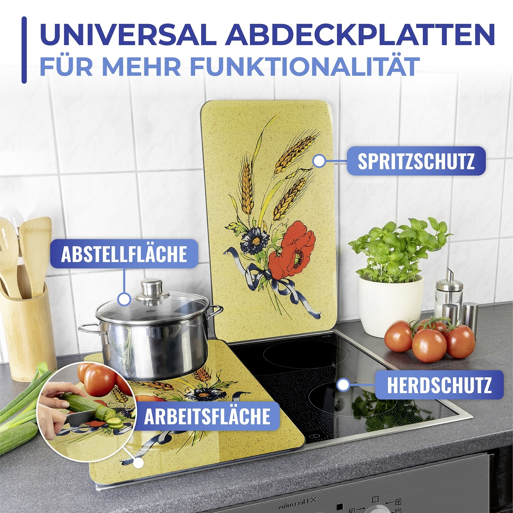Maximex Herd-Abdeckplatte »Universal Modell Kornblumen«, (Set, 2 tlg.), Herdabdeckung für alle Herdarten, kratzfest, mit rutschfesten Füßen