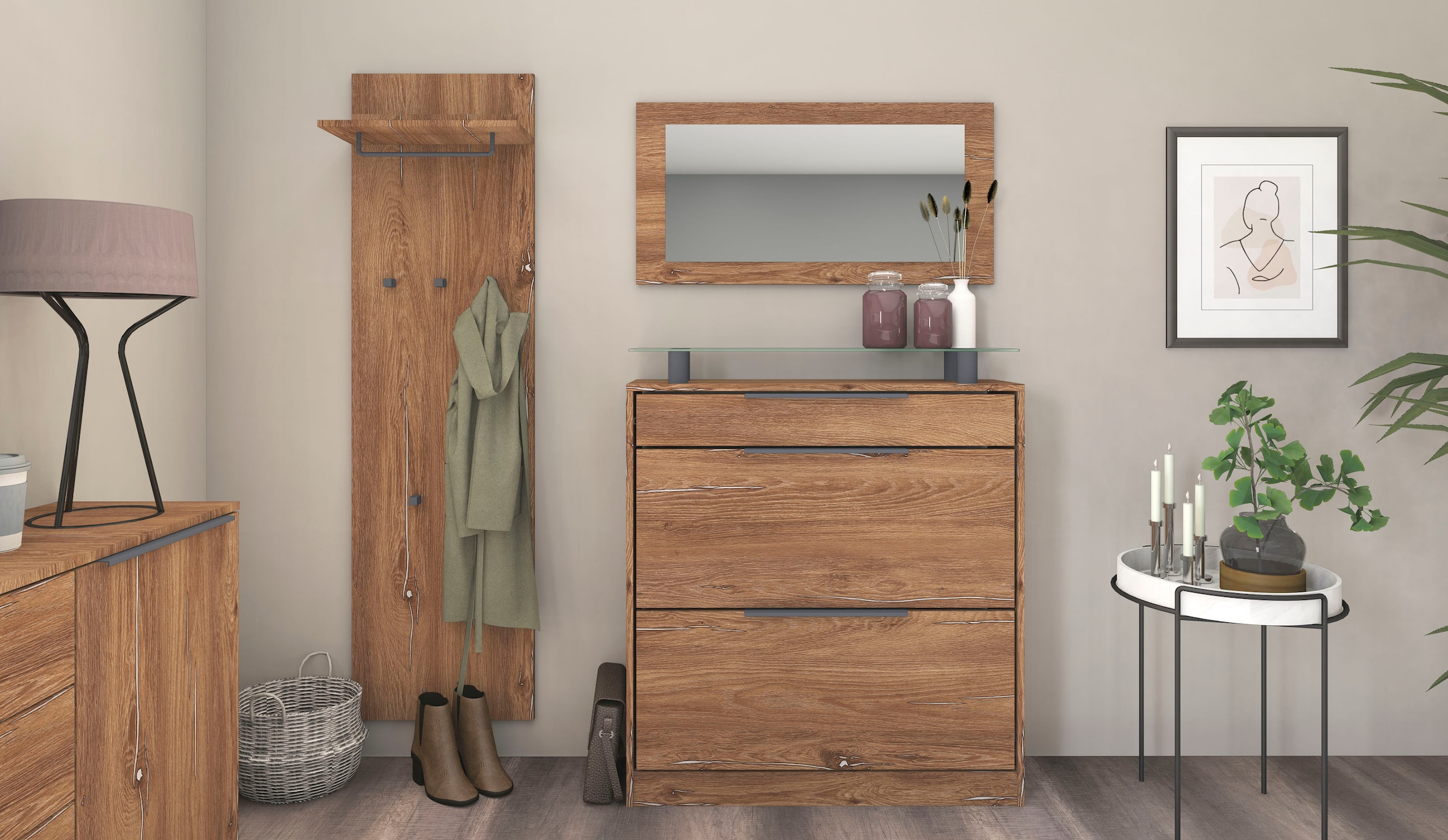 Garderoben-Set BORCHARDT MÖBEL, braun, Flur, Kastenmöbel-Sets, "Tom", Schuhschrank stehend