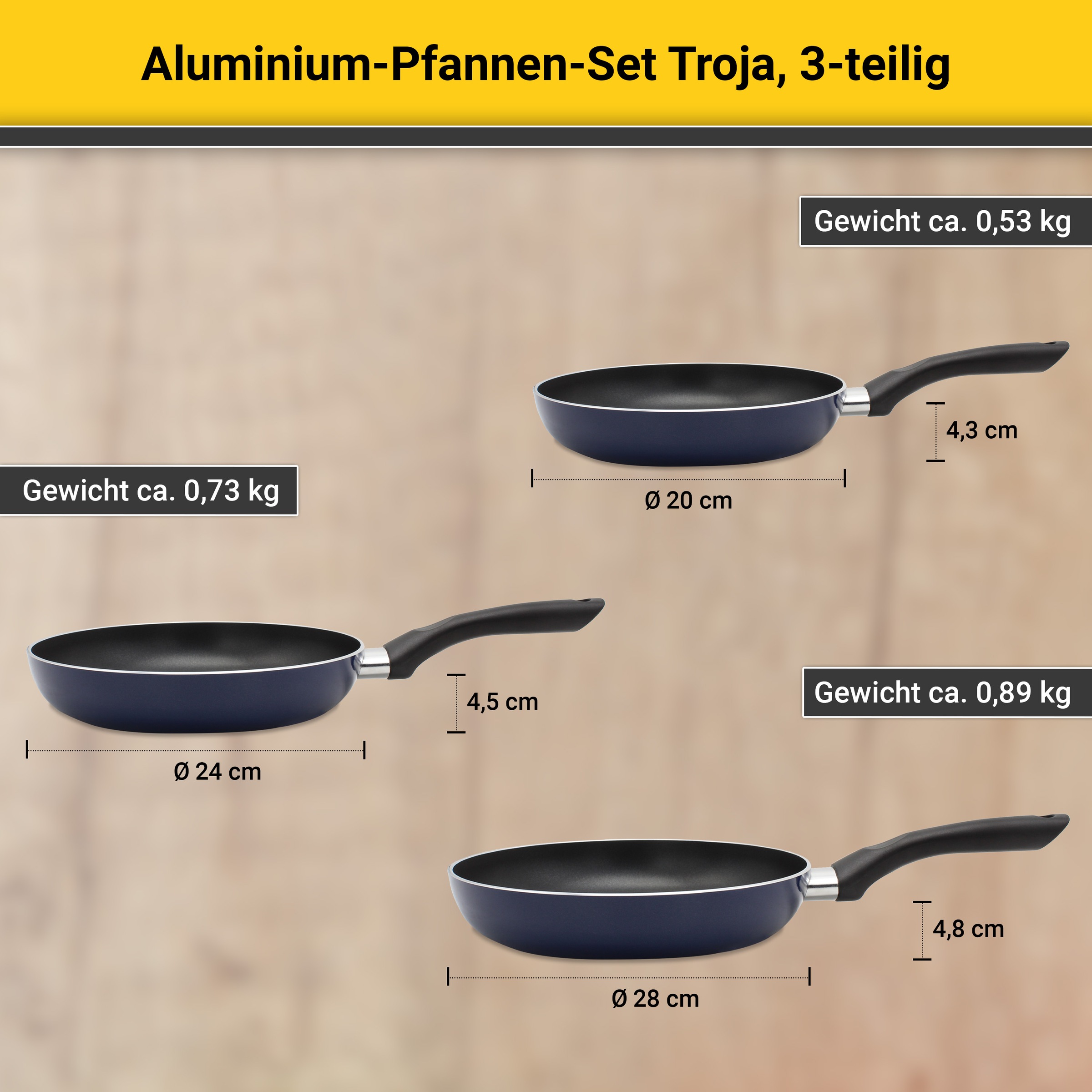 Krüger Pfannen-Set »Troja«, Aluminium, (Set, 3 tlg.), Ø 20/24/28 cm, Induktion