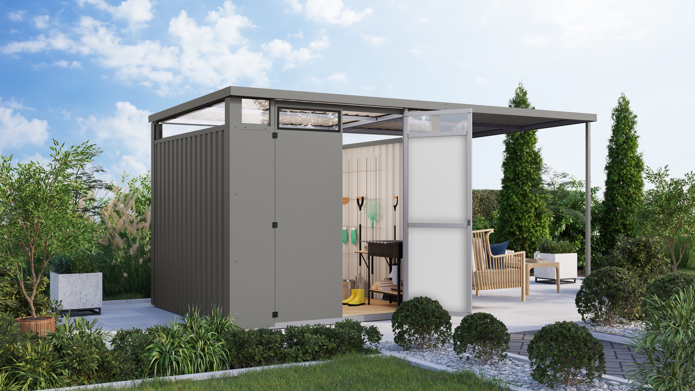 Karibu Gartenhaus ""Østen 2" SET mit Anbaudach 2,25 m" pulverbeschichtetes günstig online kaufen