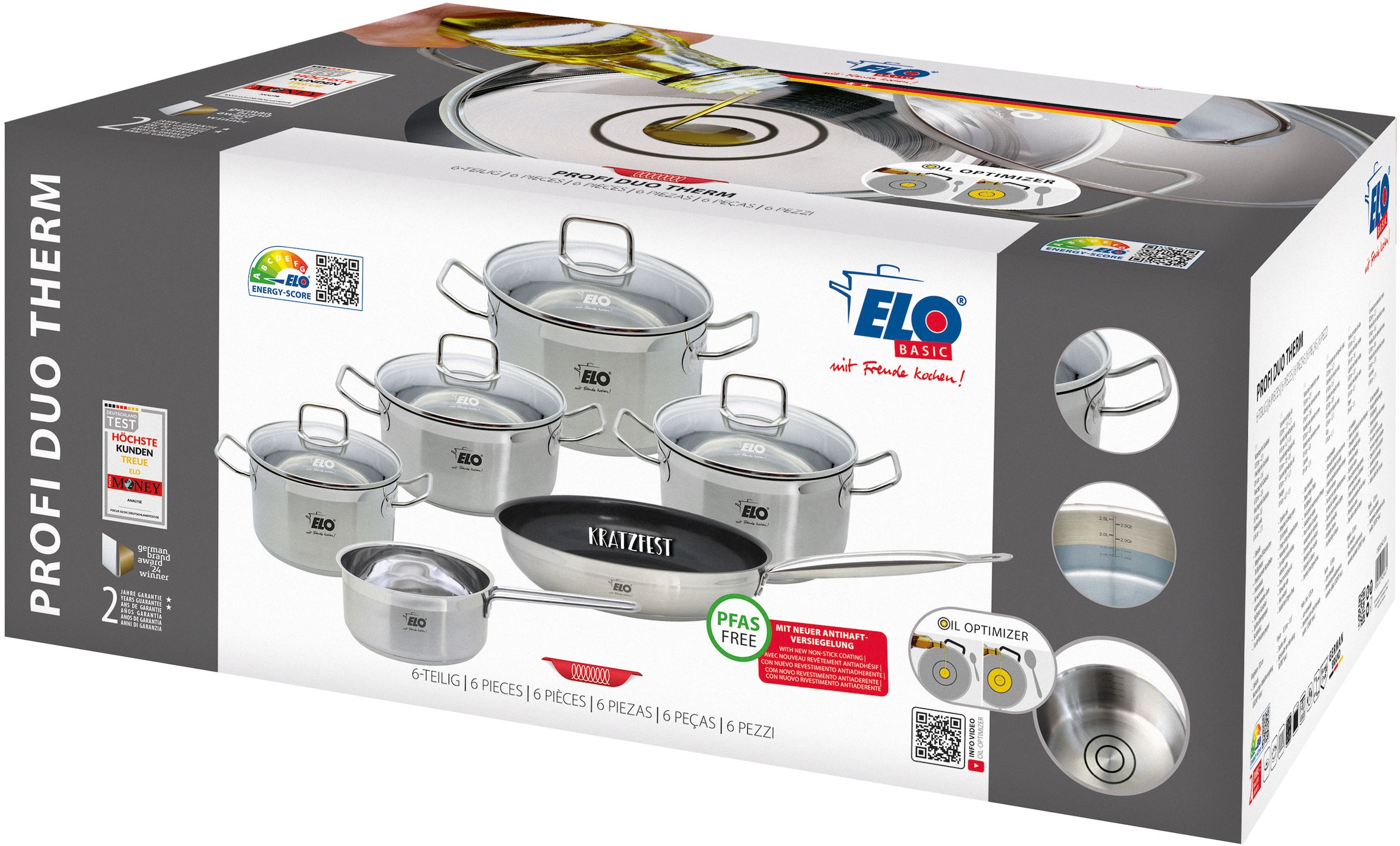 Elo Basic Topf-Set »Basic Profi Duo Therm Topfset 6-teilig«, Edelstahl, (Set, 10 tlg.), Volumenskala, integriertes Öl-Dosiersystem
