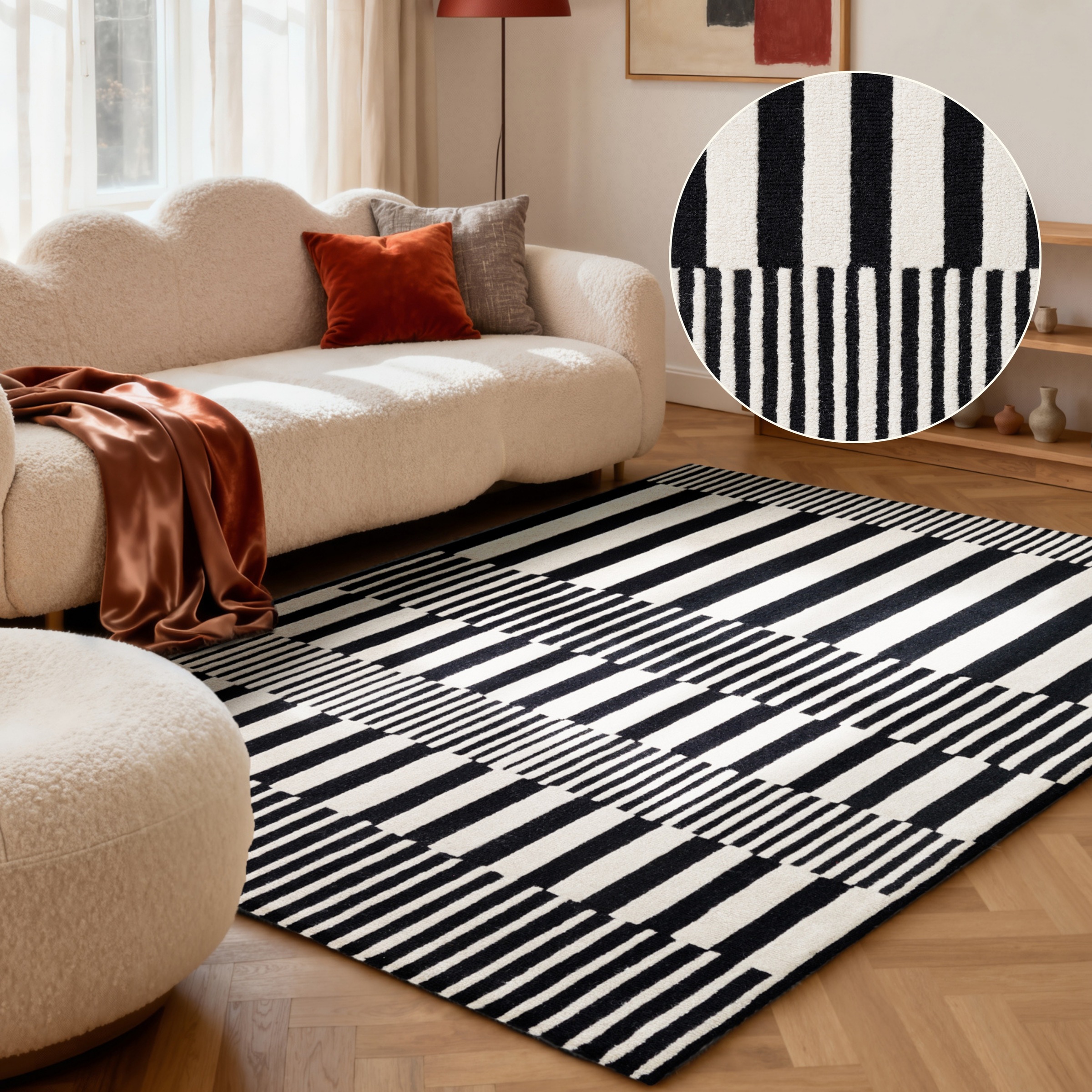 ELLE DECORATION Wollteppich "Pulse" rechteckig 12 mm Höhe Wolle, Natur, Wohnzimmer, schwarz weiss, Modern, Geometrisch, Streifen