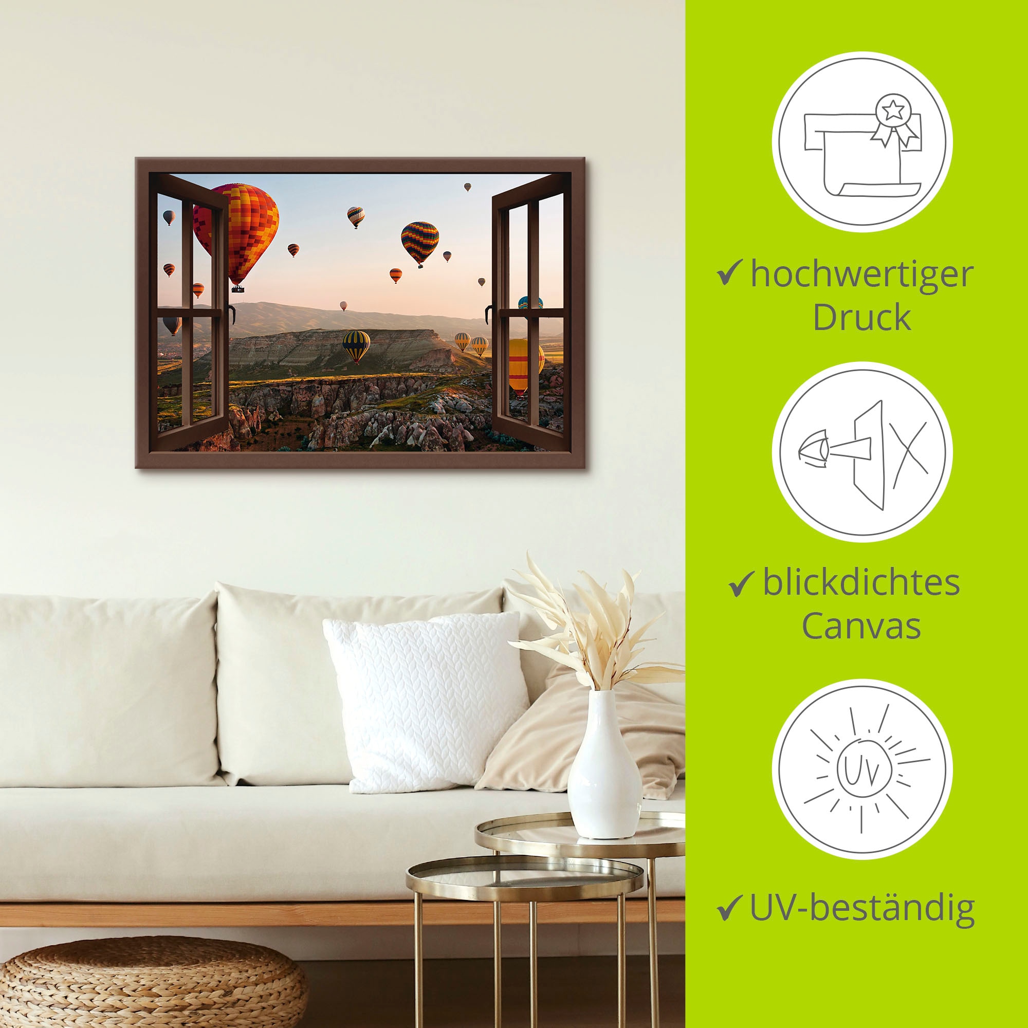 Artland Wandbild »Fensterblick Kappadokien Ballonfahrt«, Ballonfahren, (1 St.), als Leinwandbild, Poster, Wandaufkleber in verschied. Größen