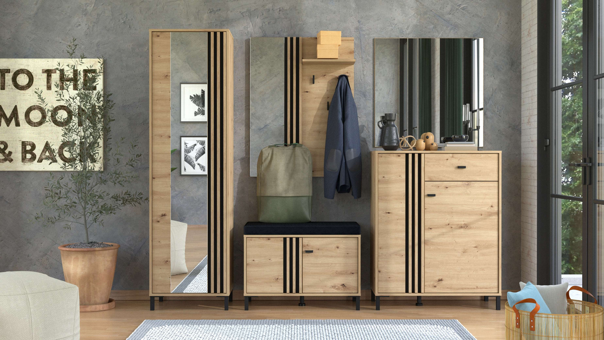 Home affaire Garderoben-Set "LAVAL, Flurmöbel, Dielenmöbel, Flurschrank, Flurgarderobe B= 221 cm" 5tlg, 5 Stk. tlg.