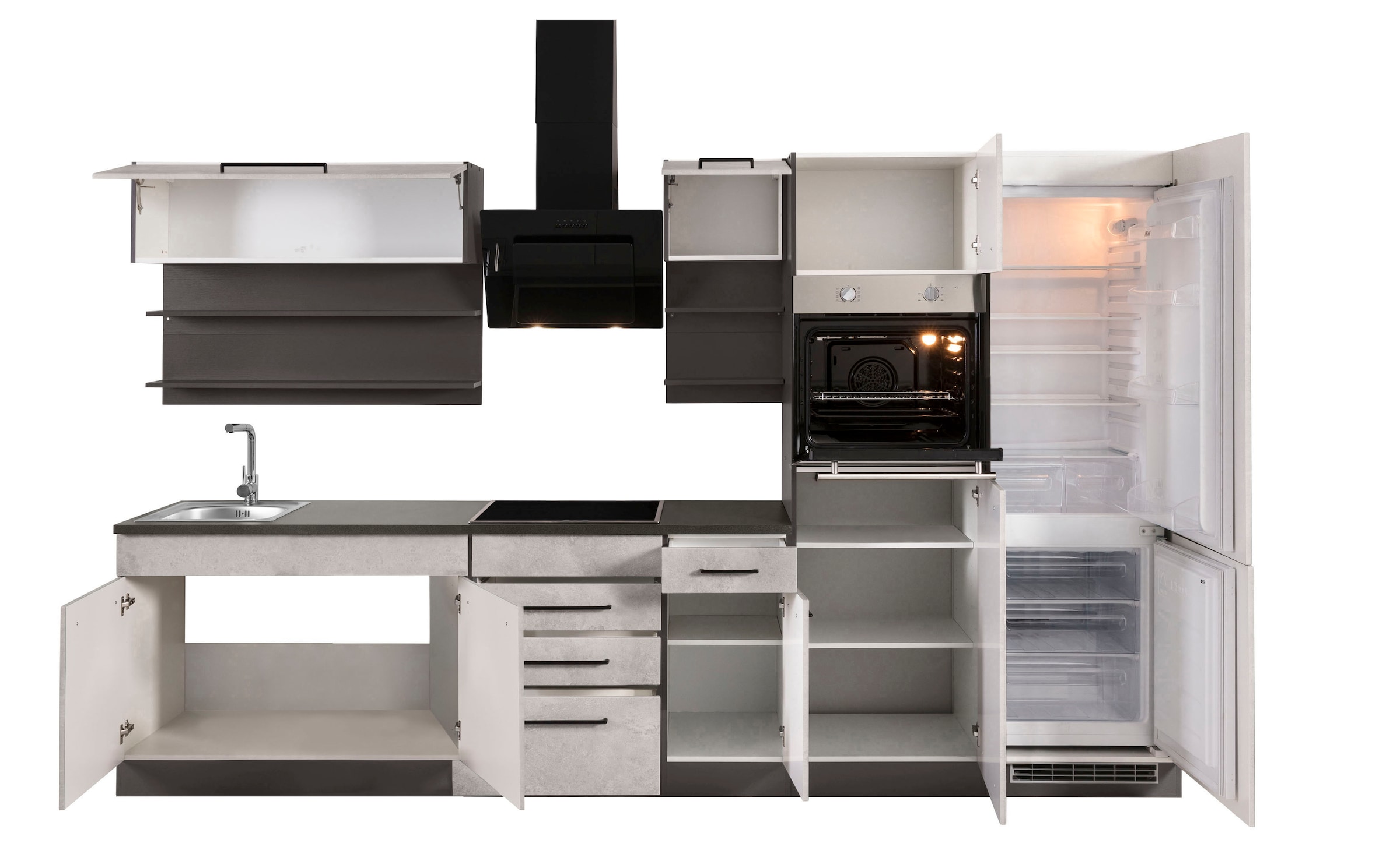 KOCHSTATION Küchenzeile »KS-Tulsa«, mit E-Geräten, Breite 330 cm, schwarze Metallgriffe, MDF Fronten