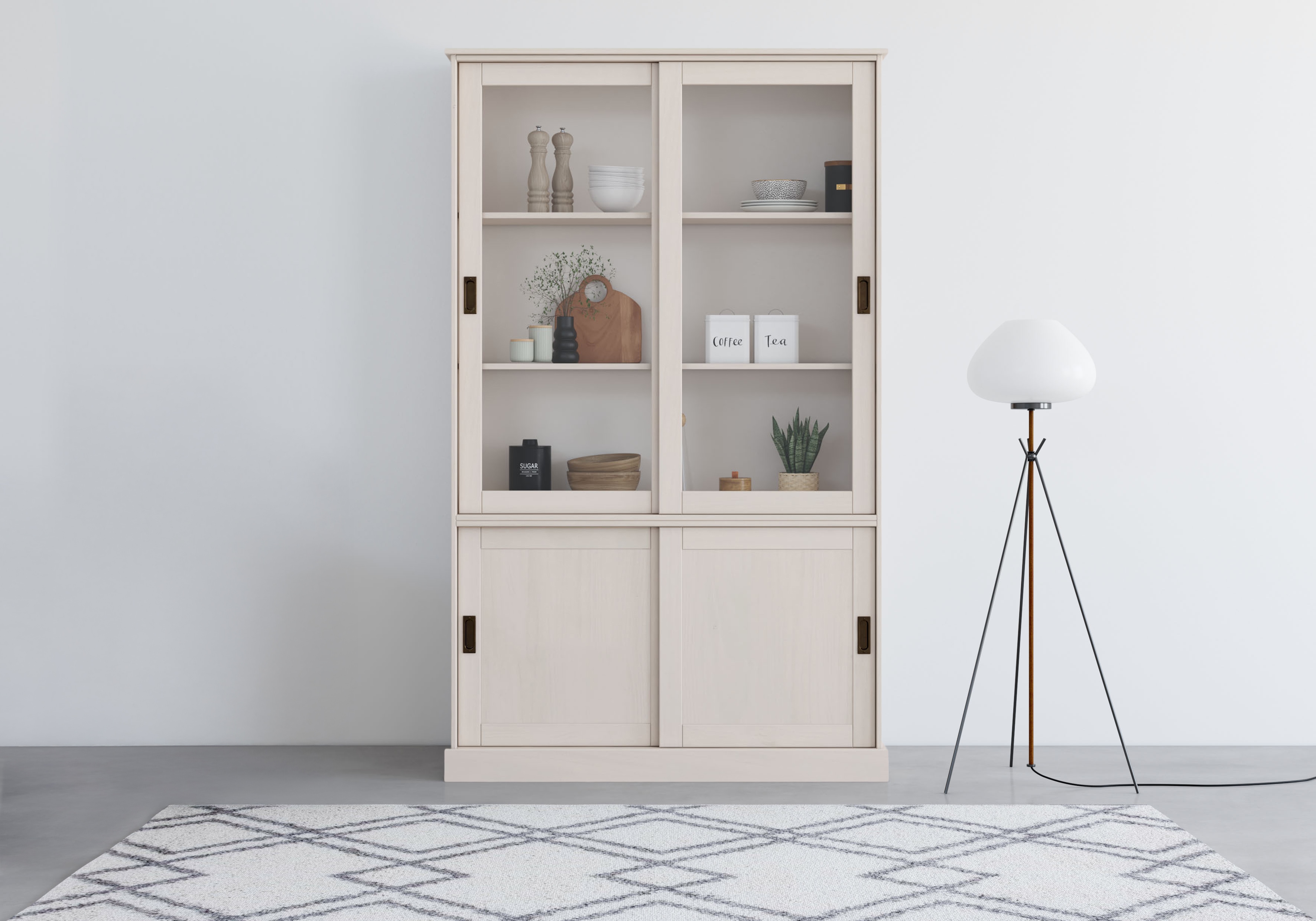 OTTO home Vitrine "Schröder" mit 2+2 Schiebetüren, aus massivem Kiefernholz, Breite 114 cm