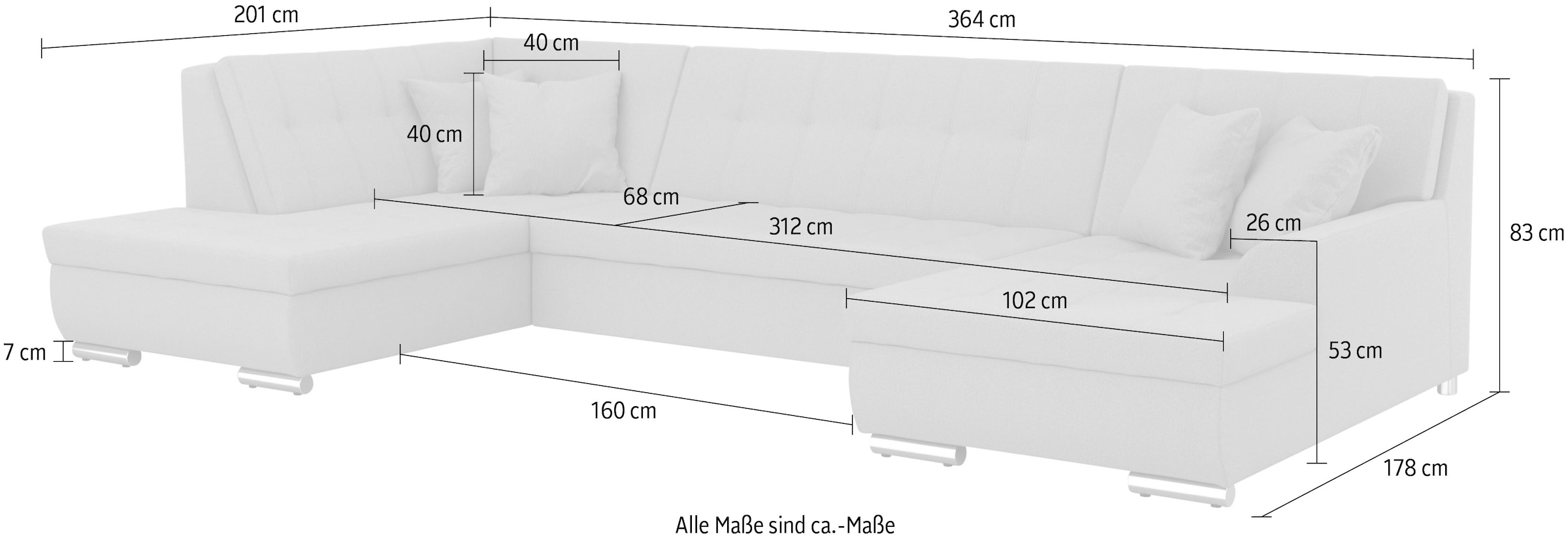 DOMO collection Wohnlandschaft »Treviso incl. Zierkissen, moderne Steppung, XXL: B/T/H: 364/201/83 cm«, wahlweise mit Bettfunktion, in vielen Bezugsarten auch in Cord U-Form