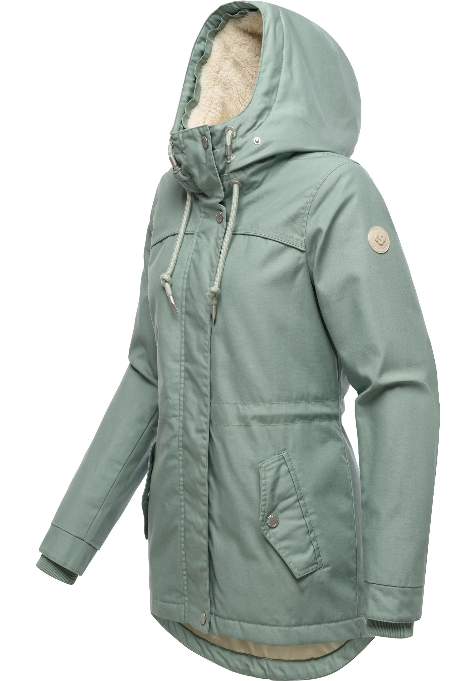 Winterjacke RAGWEAR "Tawny Short YOUMODO", Damen, Gr. XL (42), graugrün, Außenmaterial: 65% Polyester, 35% Baumwolle; Innenfutter: 100% Polyester; Wattierung: 100% Polyester, tailliert hüftbedeckend, mit Knopf Rippstrickbündchen, Jacken Winterjacke, Warme 3