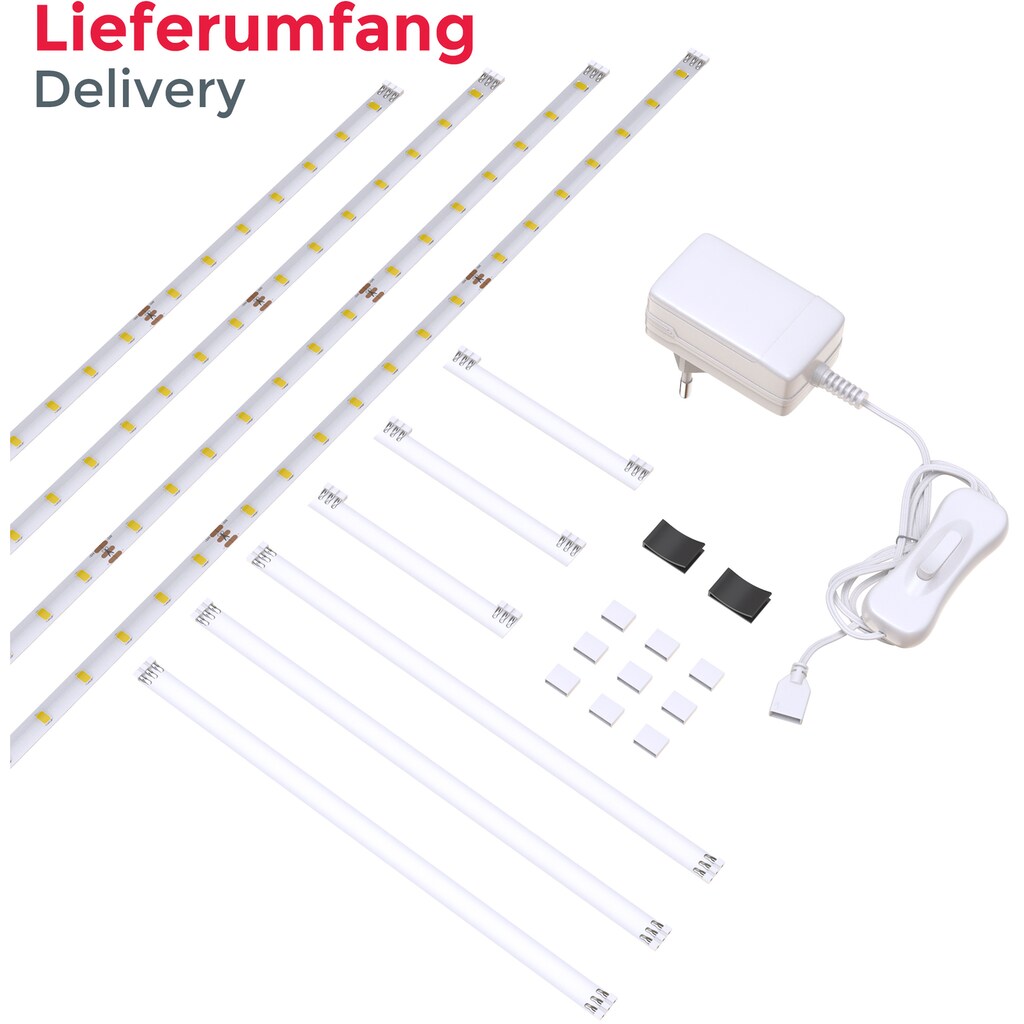 B.K.Licht LED Stripe, 2 Meter , 112 x LED, 12 Watt, 1.100lm, 4.000k, für den Innenbereich, inkl. Kabelhalter und Zuleitung mit Schalter