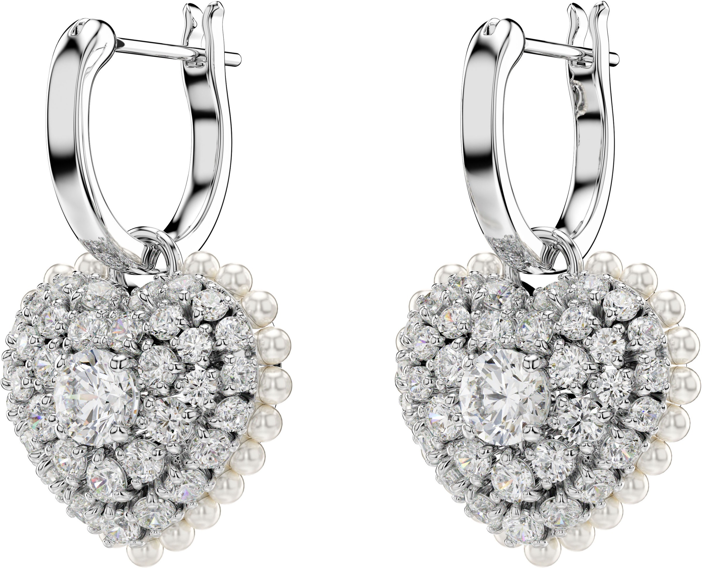 Paar Creolen SWAROVSKI "Idyllia E Heart Drop Herz", silber (metallfarben, kristallweiß, weiß, kristallweiß), Ohrringe, Damen, Metall Perlen, Metall, Perlen, mit Swarovski Kristall - mit Swarovski Perle - Einhänger abnehmbar 7