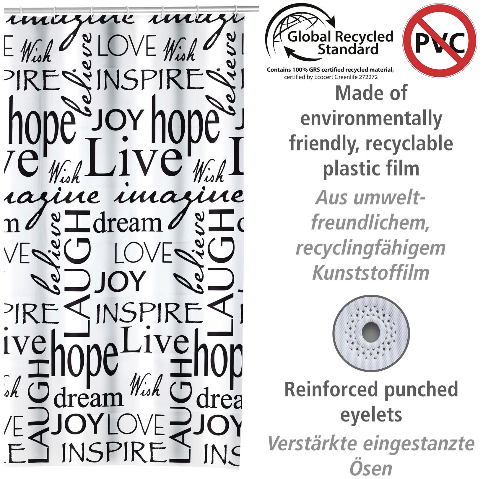 Thumbnail - WENKO Duschvorhang "Live" Breite 180 cm Höhe 200 cm, mit Schriftzug-Motiv