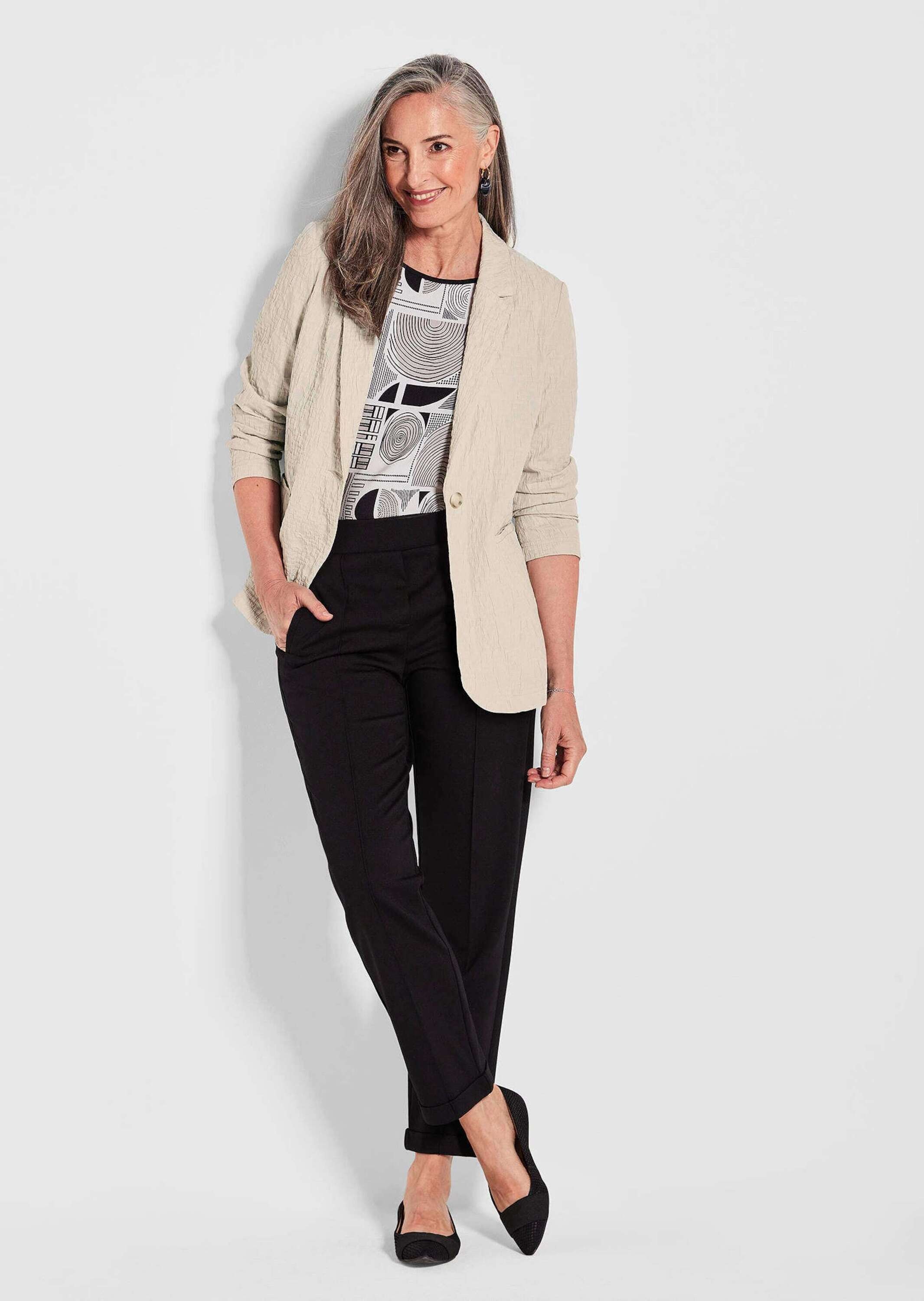 Jackenblazer GOLDNER "Strukturierter Stretchblazer mit Revers", Damen, Gr. 42, grün (stein), Obermaterial: 99% Polyester PES. 1% Elasthan EL., keine/nicht relevant, Blazer, Paspeltaschen 3