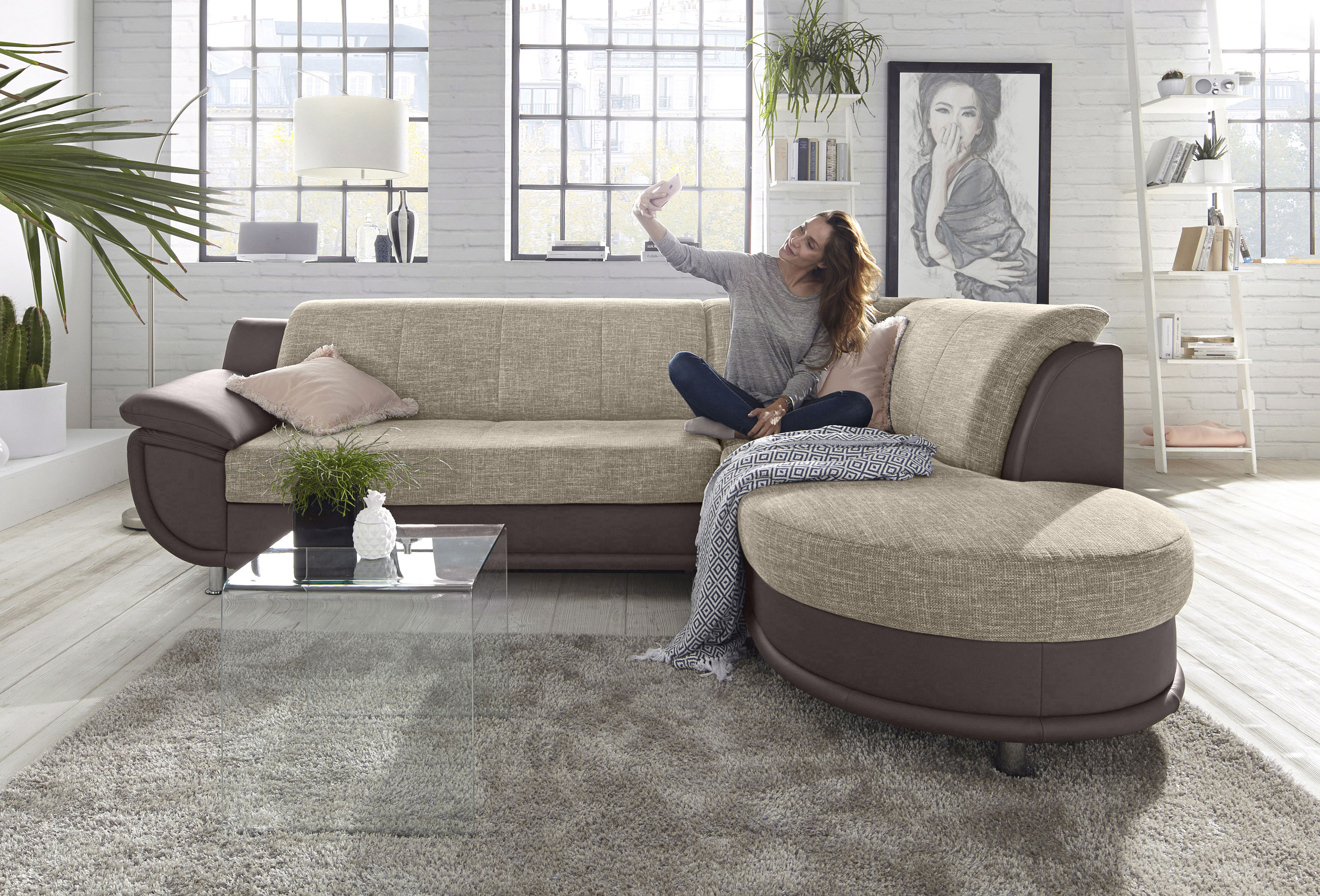 TRENDMANUFAKTUR Ecksofa "Rondo 3, zeitlos & bequem, Materialmix, L-Form, Breite 265cm" wahlweise mit Federkern für mehr Komfort, wahlweise mit Bettfunktion
