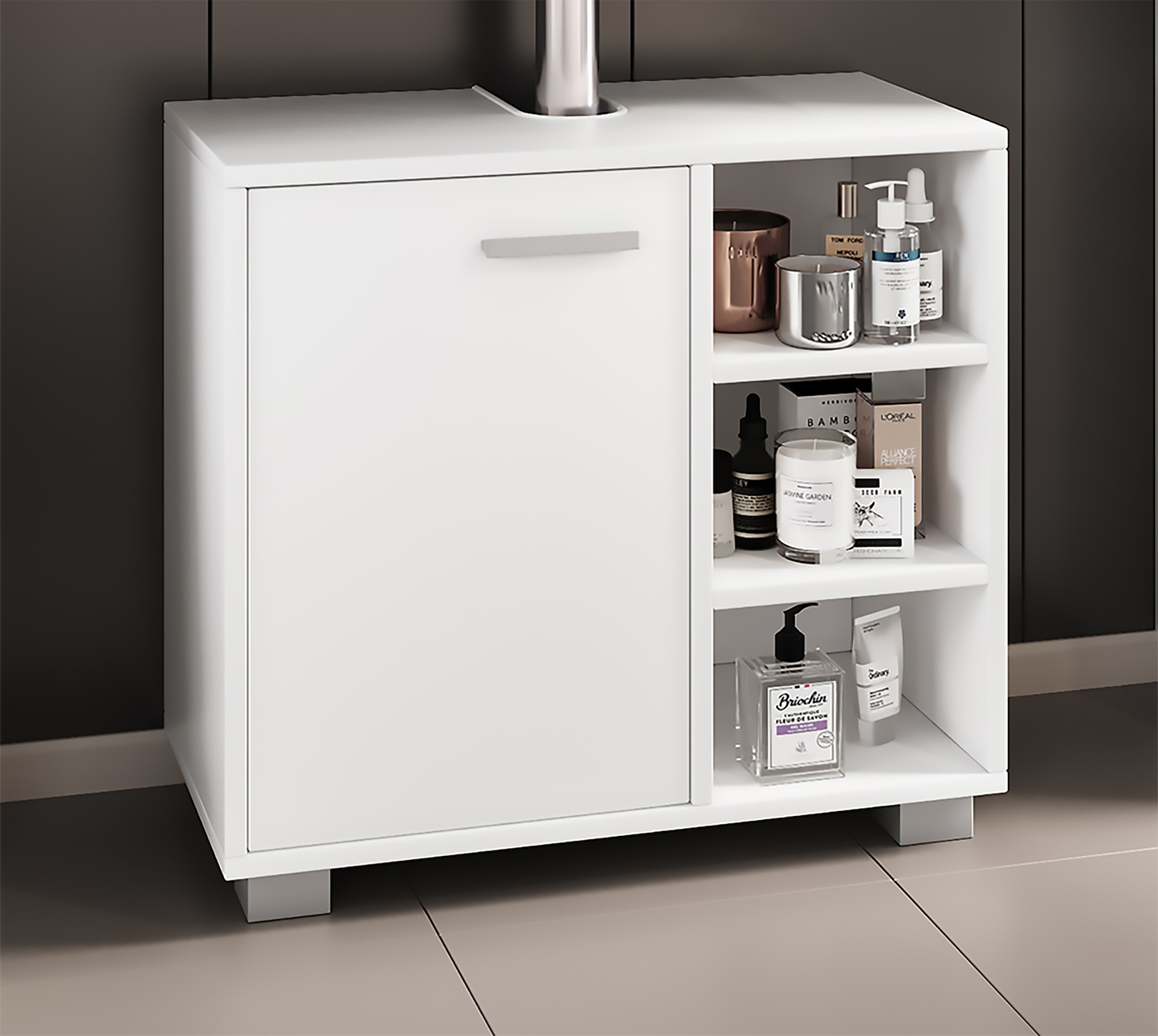 VCM Waschbeckenunterschrank »VCM Holz Waschbeckenunterschrank | Badschrank | Maße: H. 58 x B. 60 x T. 30 cm | 1 Drehtür | 3 kleine offene Regalfächer - Zalo L«, (1 St.)