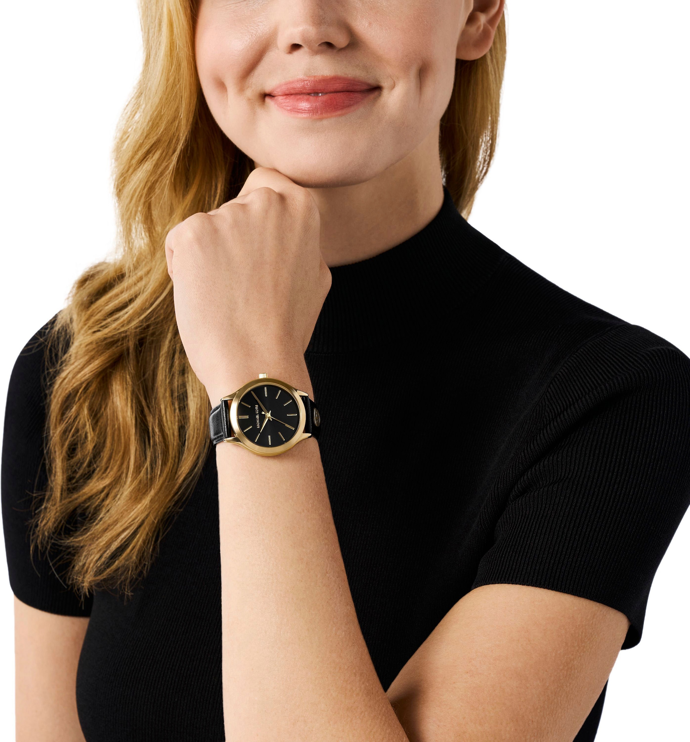 MICHAEL KORS Quarzuhr »SLIM RUNWAY«, Armbanduhr, Damenuhr, Lederarmband, analog