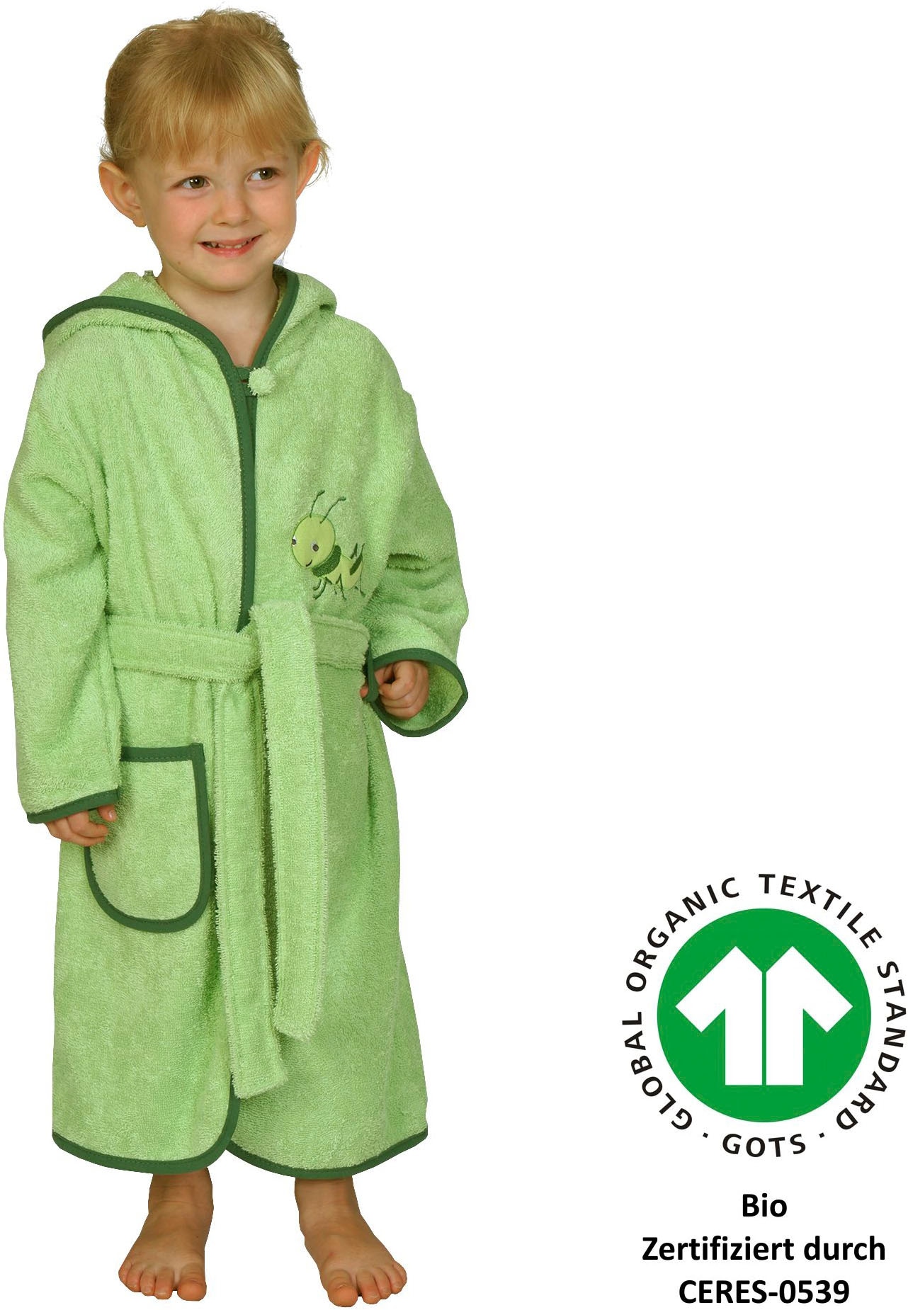 Kinderbademantel WÖRNER, L:60cmhellgrün, Frottier, Hausmäntel, "Grashüpfer hellgrün", Biobaumwolle, mit Stickerei, mit Tasche