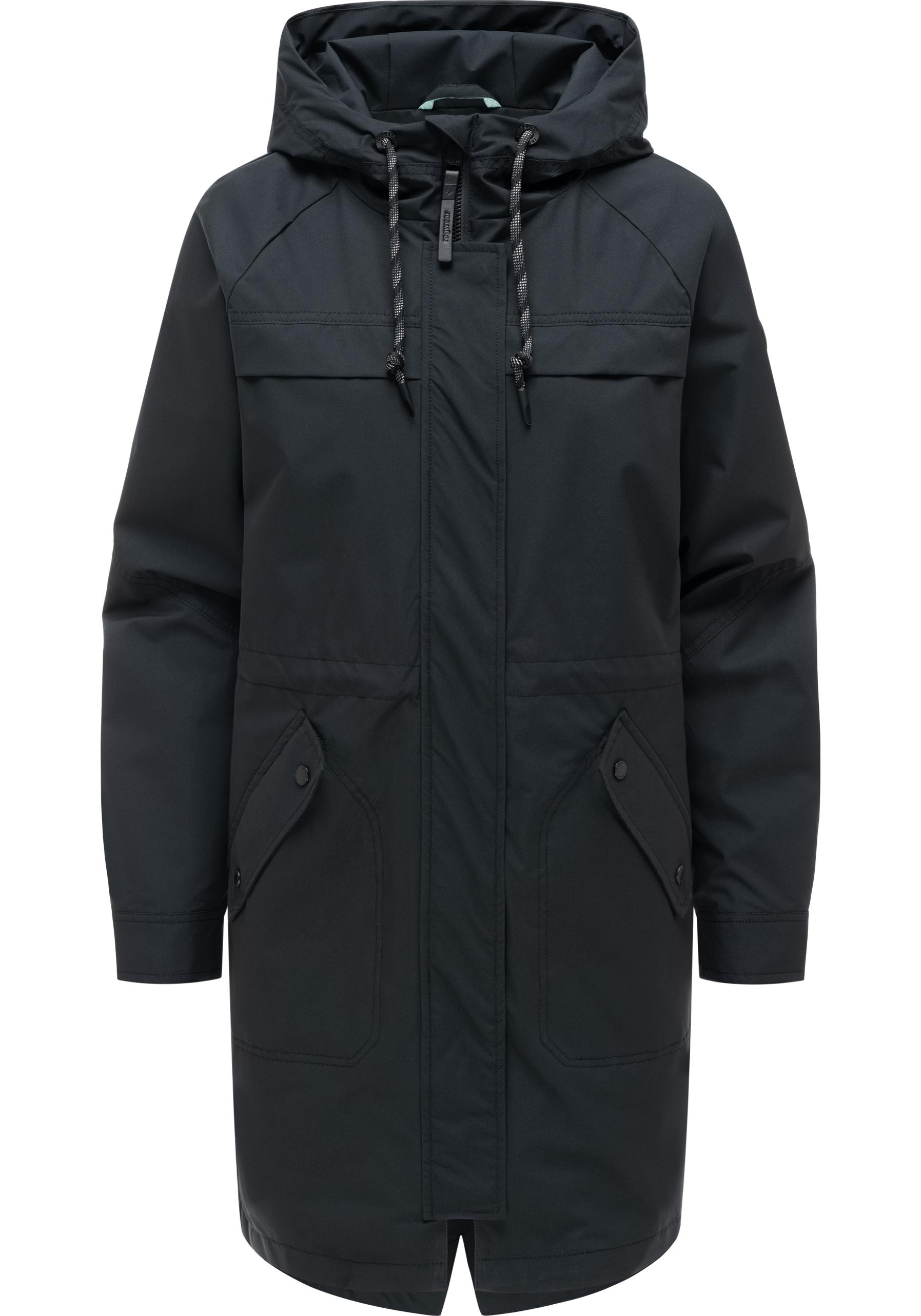 Regenmantel RAGWEAR "Ximenna", Damen, Gr. M (38), schwarz, Obermaterial: 100% Polyester; Innenfutter: 100% Polyester, gerade ca. Mitte Oberschenkel, hoch geschlossener Ausschnitt, mit Knopf,Ärmel mit Ärmelschlitz abgesteppte Kante mit Druckknopf, Mäntel, 