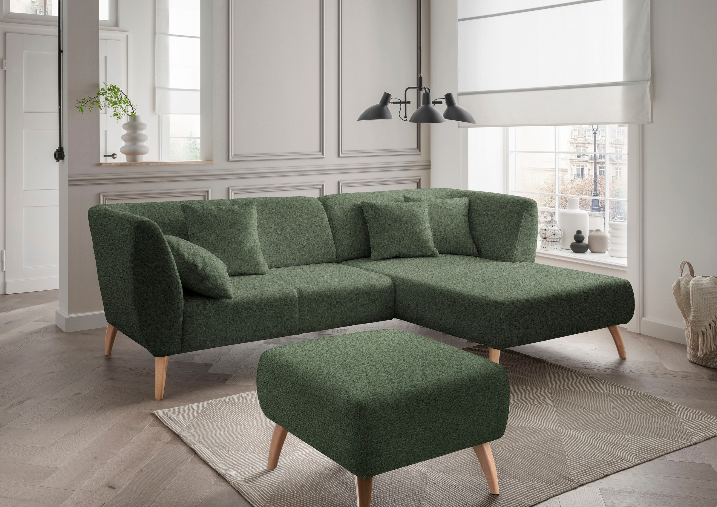 INOSIGN Polsterhocker »Colori«, Holzfußfarbe wählbar, verschiedene Stoffe, hochwertige Stoffqualität