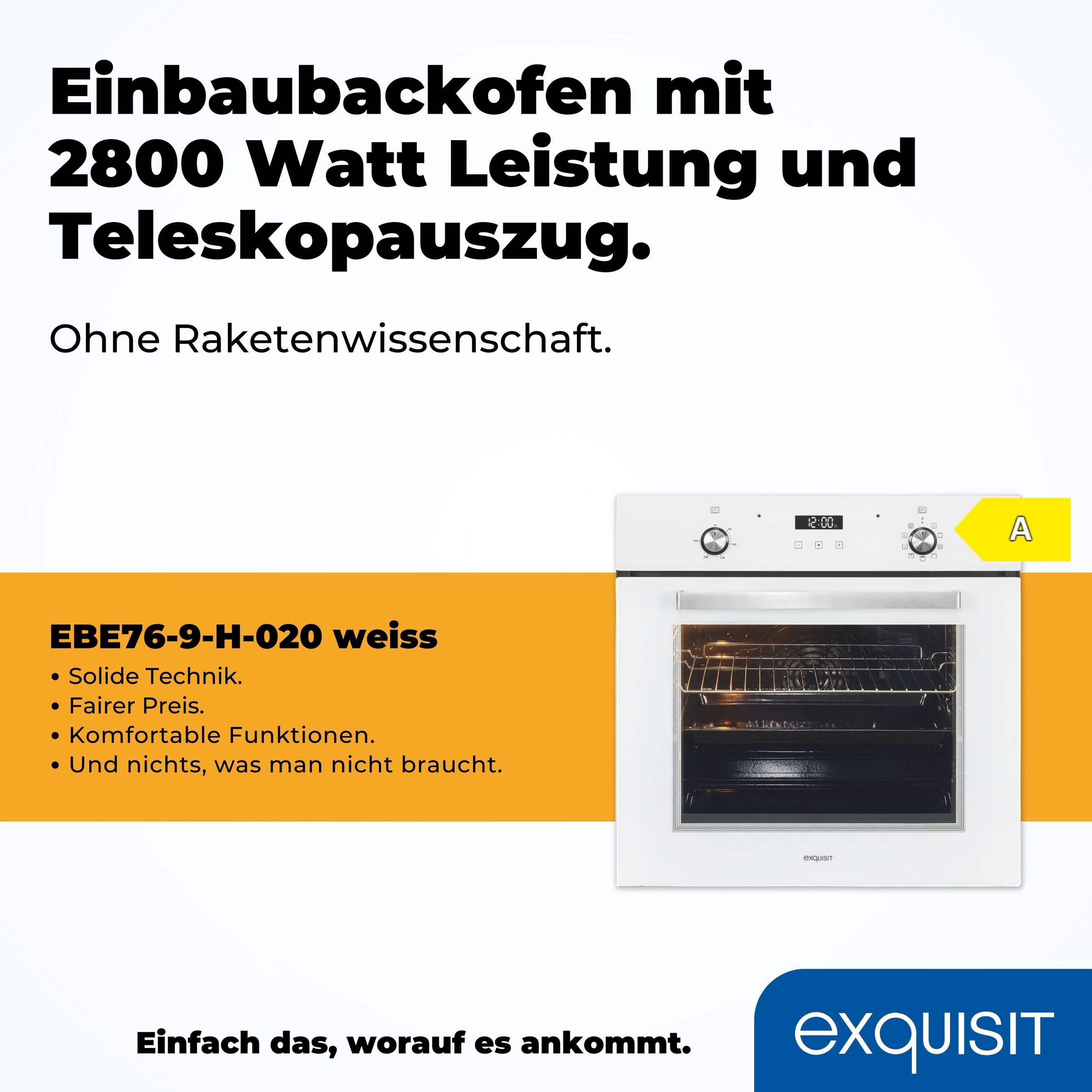 EXQUISIT Backofen "EBE76-9-H-020", Energieeffizienz: A (A+++-D), weiß, B:59,5cm H:59,5cm T:56,7cm, Backöfen, Pizzafunktion – ideal für Pizza, Focaccia und mehr 3