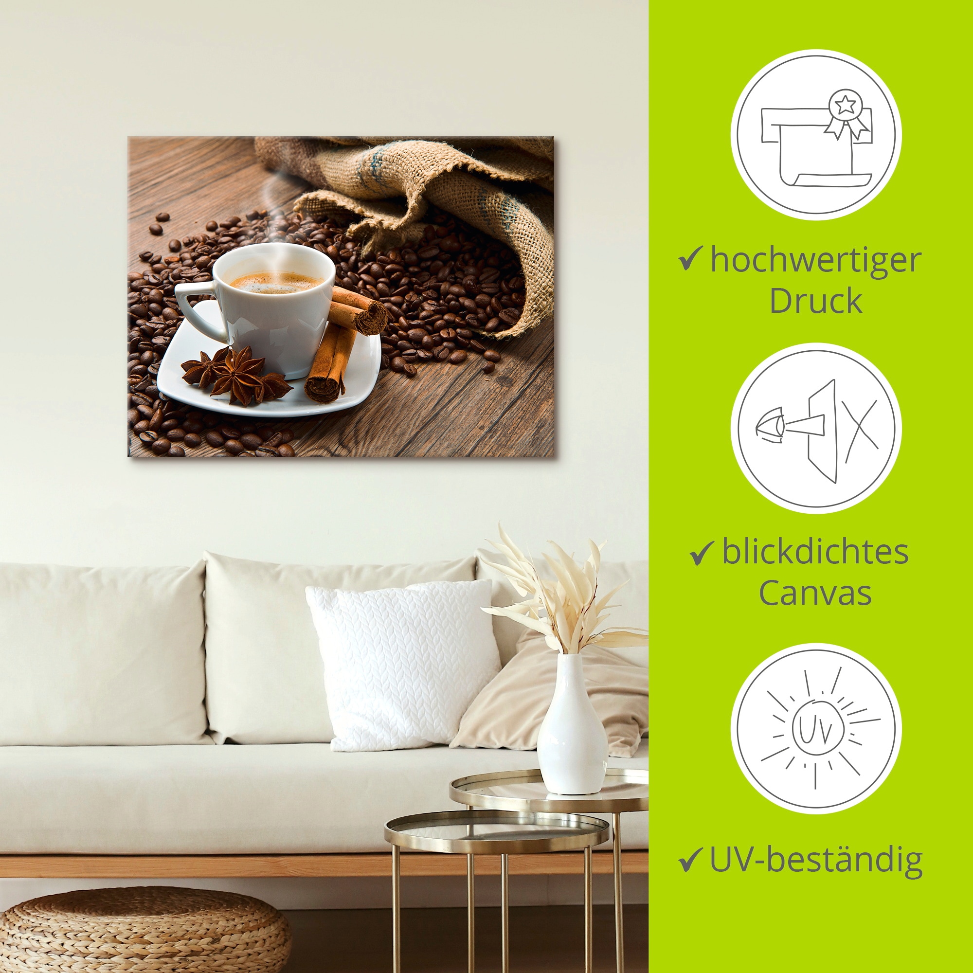 Artland Wandbild »Kaffeetasse Leinensack mit Kaffeebohnen«, Getränke, (1 St.), als Leinwandbild, Poster in verschied. Größen