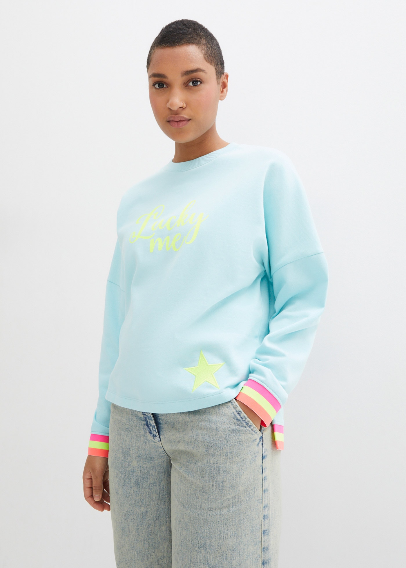 bonprix Sweatshirt, loose fit Passform, mit Neon-Details, aus 100% Baumwoll günstig online kaufen