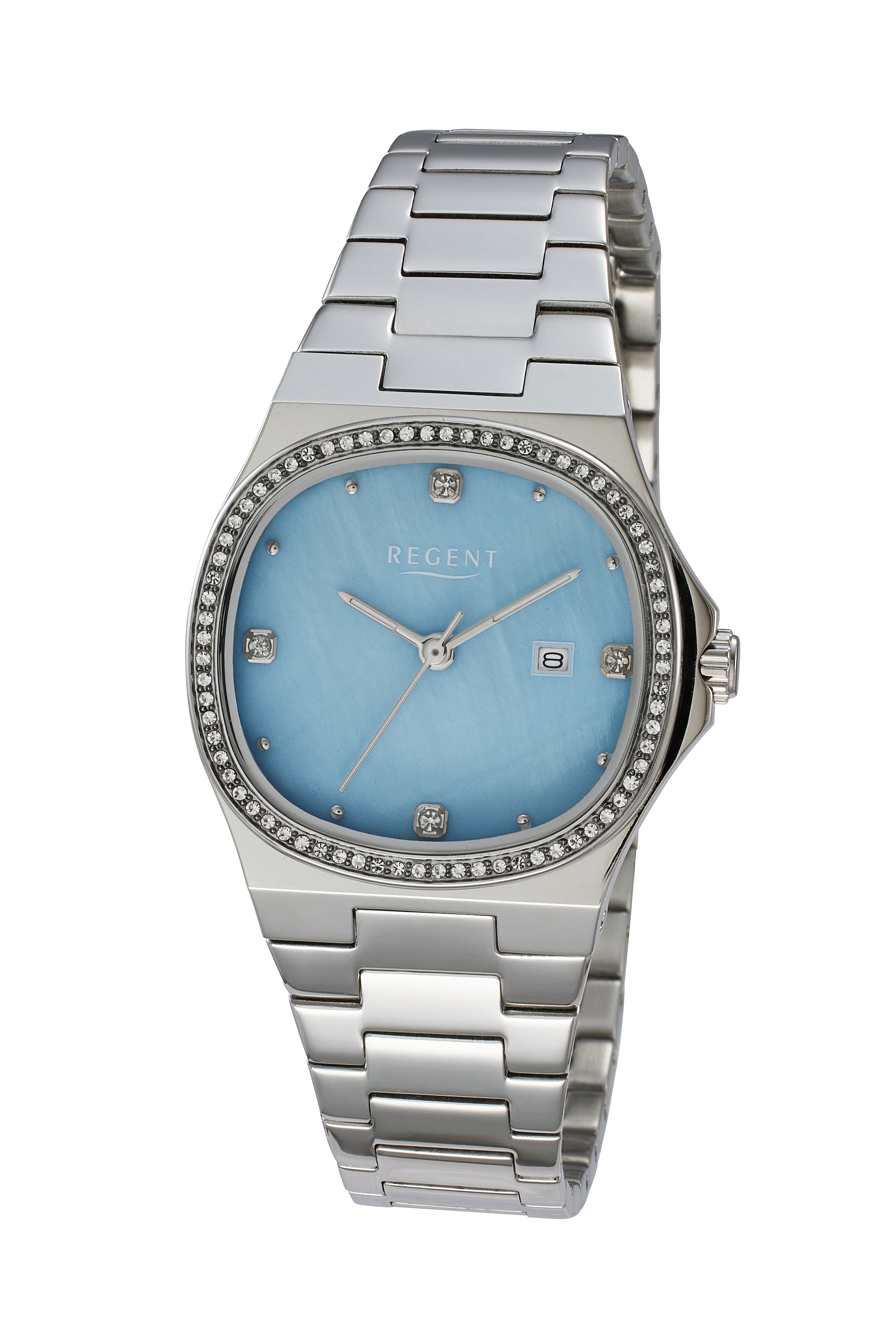 Regent Quarzuhr Armbanduhr, Damenuhr, Edelstahlarmband, analog, Tag, Glassteine