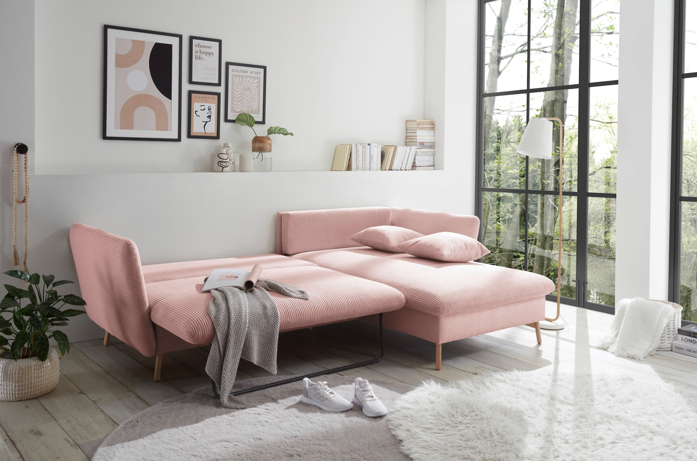 andas Ecksofa »MERLE, 258 cm, L-Form, traumhafter Cord,«, mit Bettfunktion und Bettkasten, Liegefläche 224 x 139