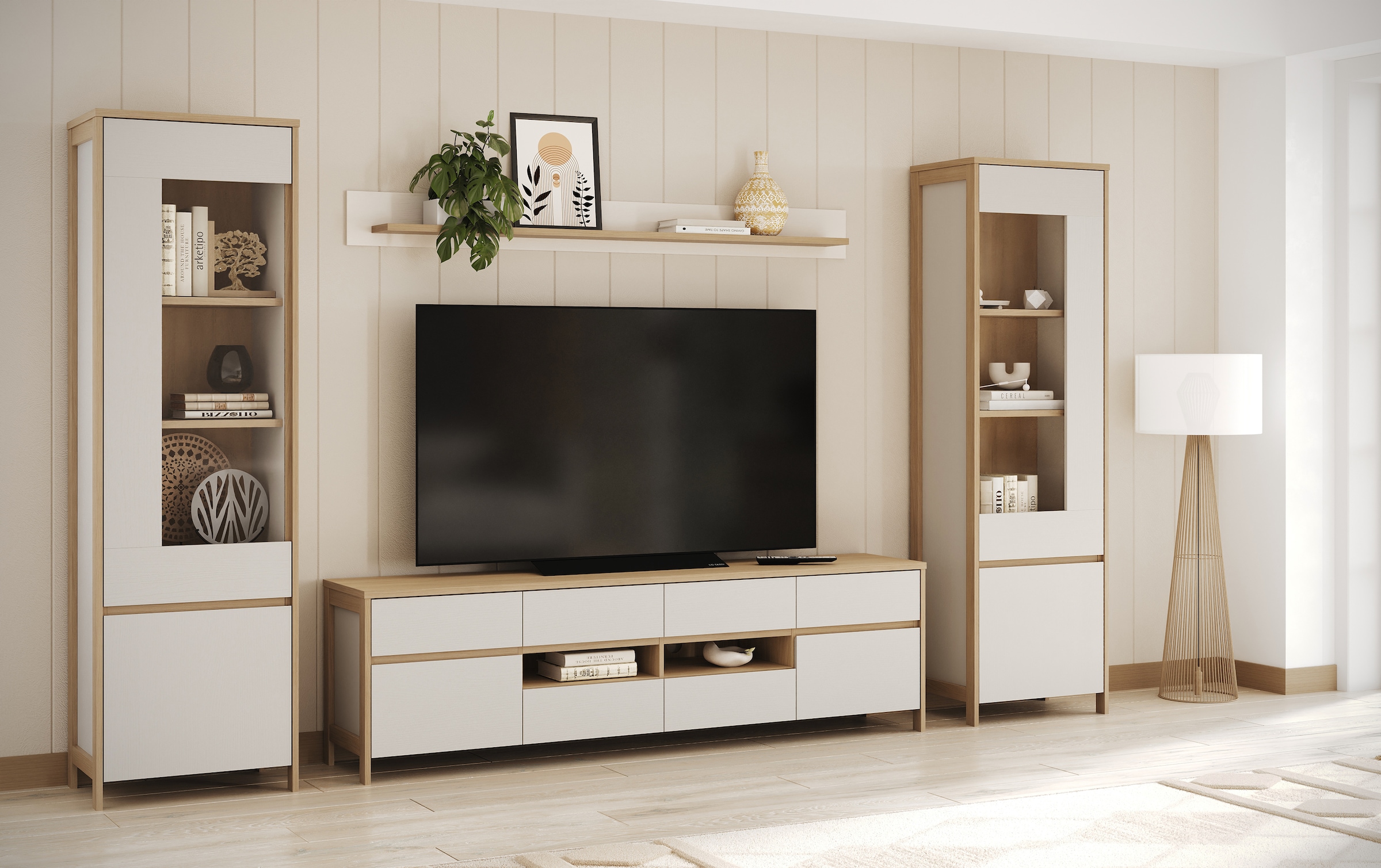 Home affaire Wohnwand »Stranda, moderne Anbauwand, Komplettset im Scandi-Style«, (4 St.), enthält zwei Vitrinen, Lowboard und Wandboard, 344 cm breit