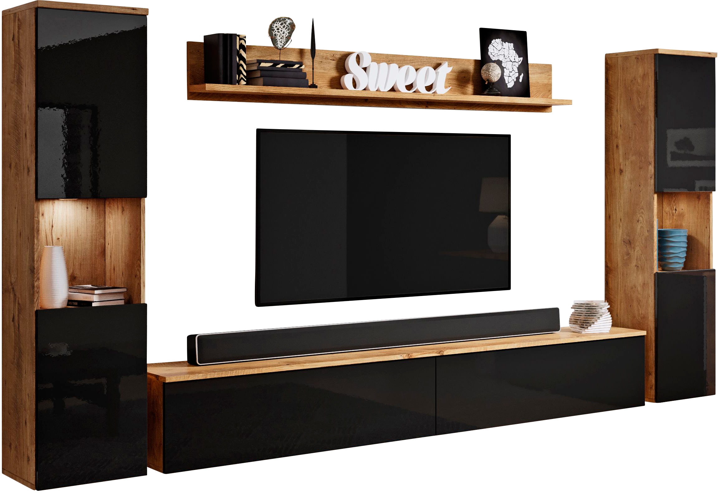 INOSIGN Wohnwand "PARIS", (Komplett-Set, 4 St.), TV-Wand 260cm breite, grifflose Design, stehend und hängend montierbar