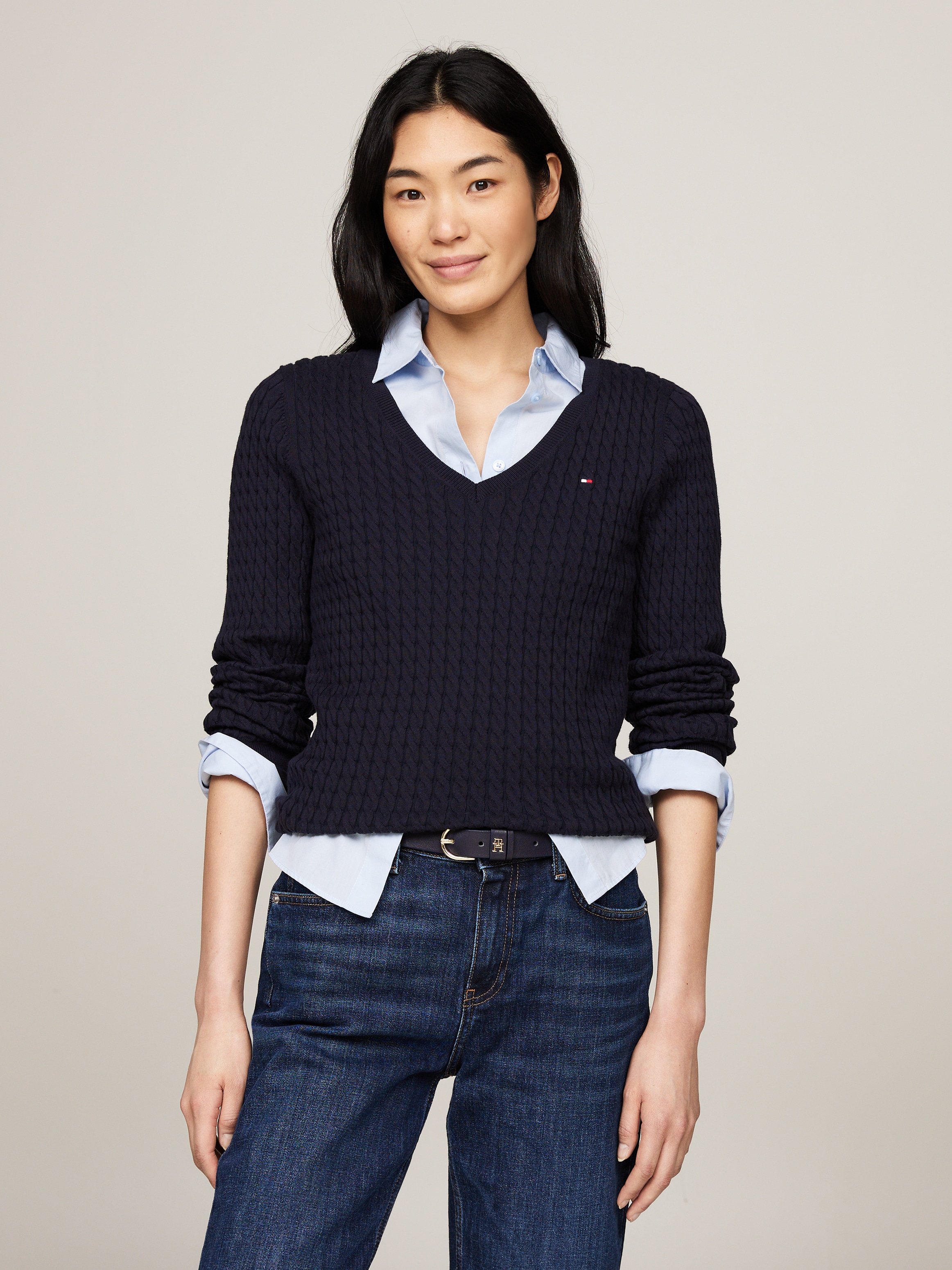 Tommy Hilfiger Strickpullover "CO CABLE V-NK SWEATER", mit Zopfmuster günstig online kaufen